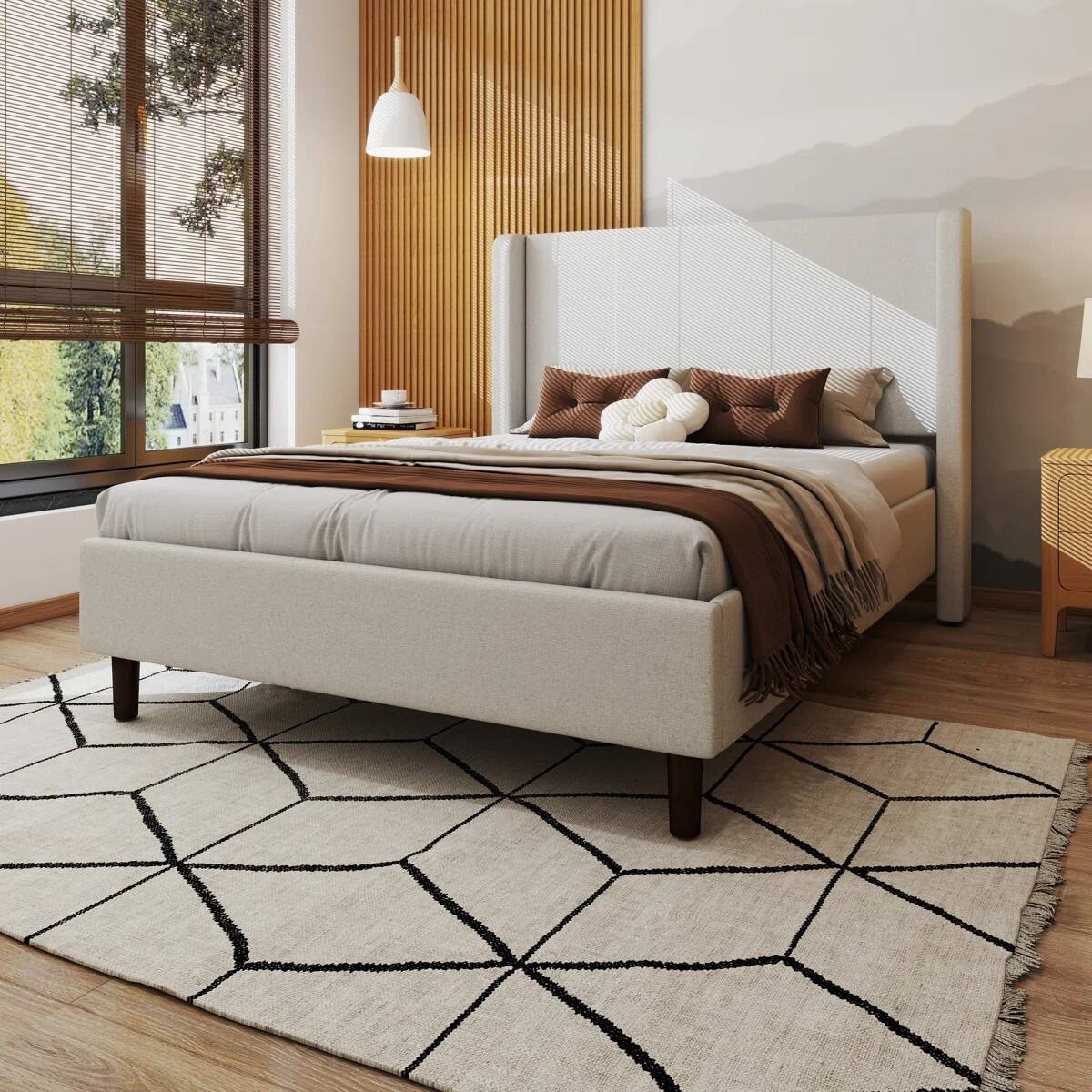 Alt View 8. KERDOM - Platform Bed Frame With Chenille High Headboard & Strong Legs, Tall Wingback, Noise-Free, 800lbs Capacity, Widen Side - White.