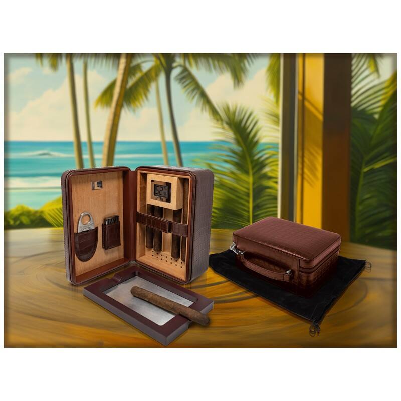 Alt View 7. Prestige - Manhattan XL Travel Humidor (Brown) - Brown Crocodile Pattern Leather.