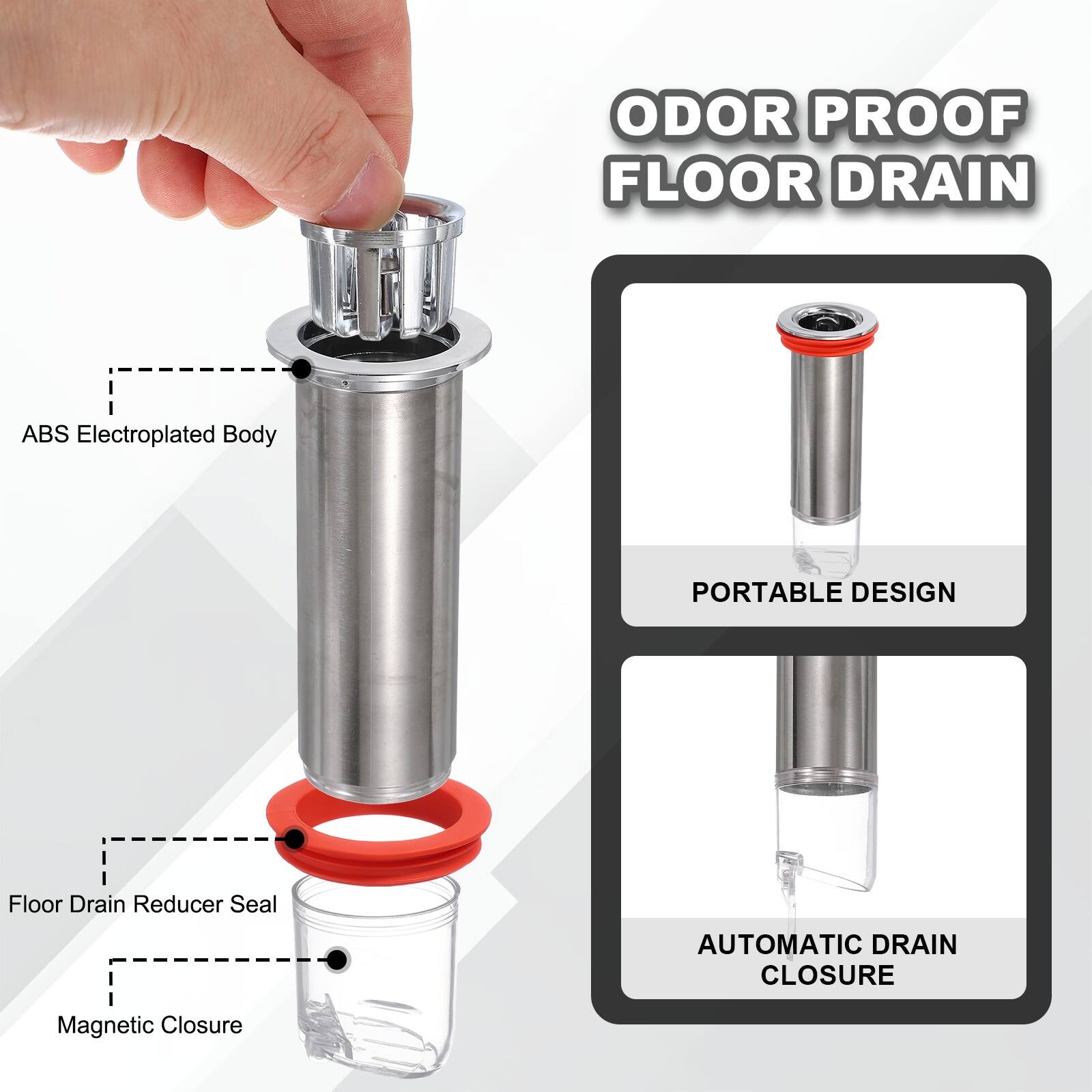 ODOR PROOF FLOOR DRAIN  
ABS Electroplated Body  
PORTABLE DESIGN  
Floor Drain Reducer Seal  
AUTOMATIC DRAIN CLOSURE  
Magnetic Closure