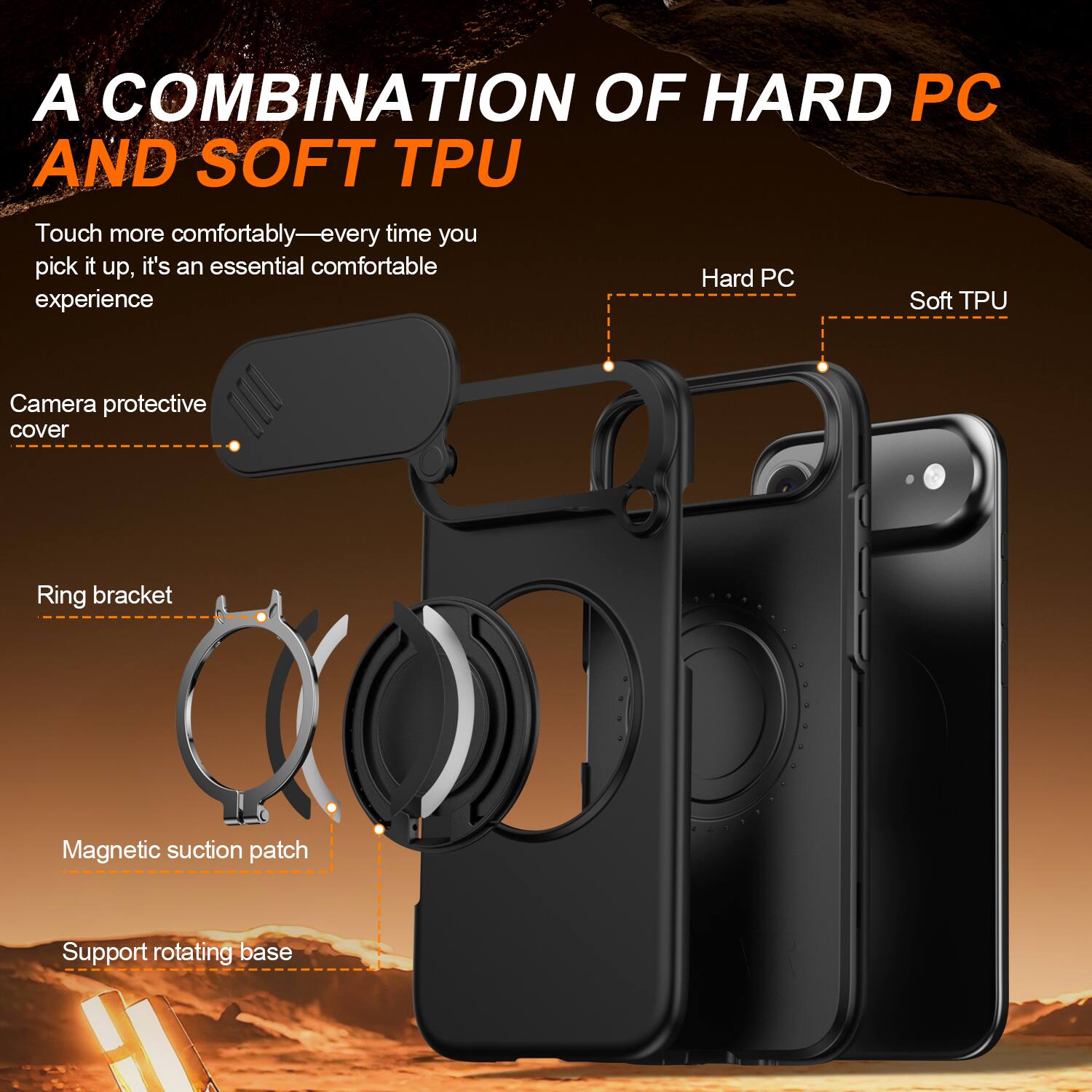 A COMBINATION OF HARD PC AND SOFT TPU

Touch more comfortably—every time you pick it up, it's an essential comfortable experience

Camera protective cover

Ring bracket

Magnetic suction patch

Support rotating base
