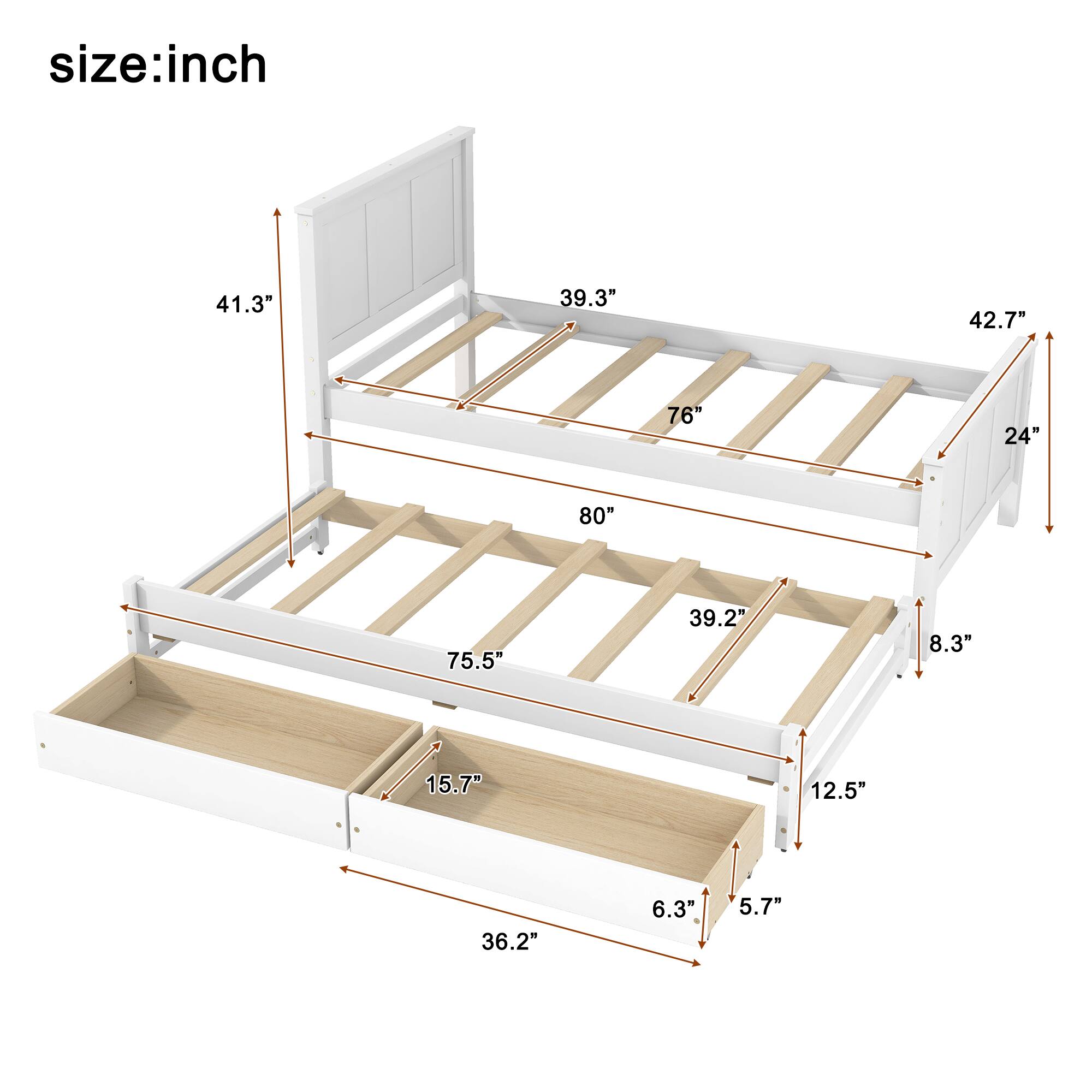 size: inch  
41.3" 39.3" 42.7" 76" 24" 80" 75.5" 39.2" 8.3" 15.7" 12.5" 36.2" 6.3" 5.7"