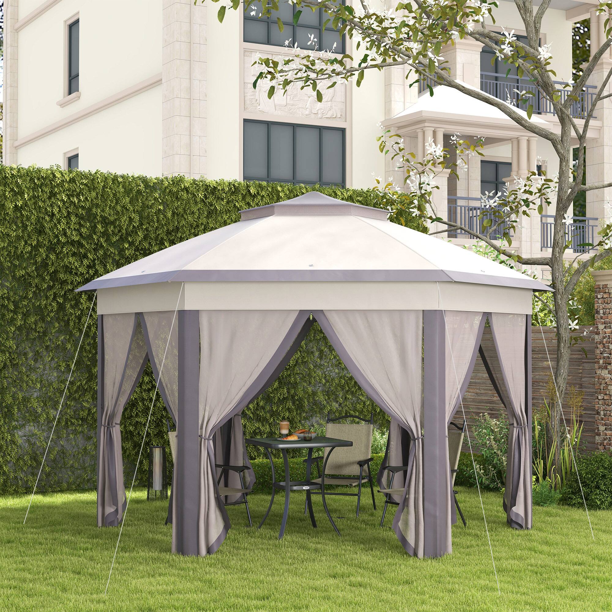 Alt View 8. Outsunny - x 13' Pop Up Gazebo Hexagonal Canopy Shelter with 6 Zippered Mesh Netting for Patio Backyard Garden Wedding - Coffee and Beige.