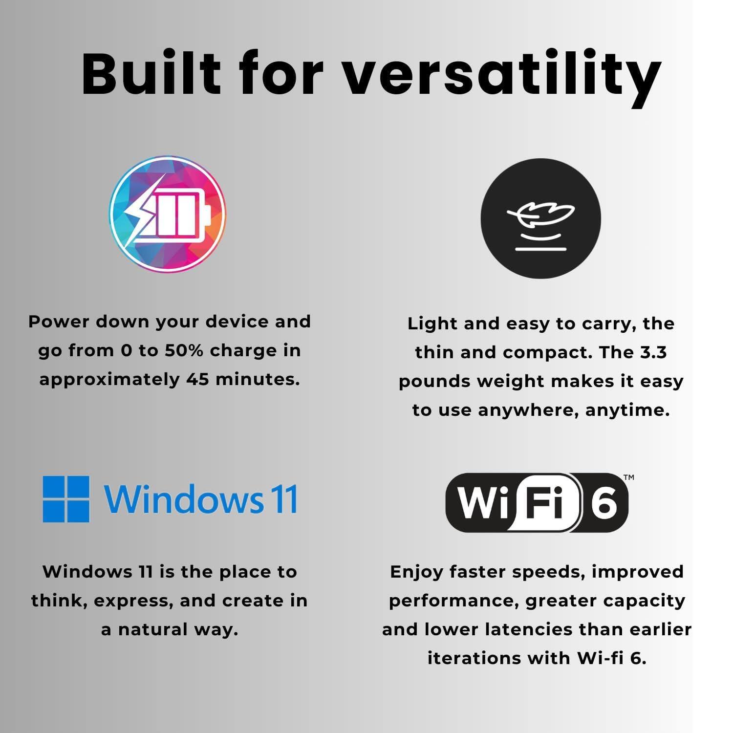 Built for versatility

Power down your device and go from 0 to 50% charge in approximately 45 minutes.

Light and easy to carry, the thin and compact. The 3.3 pounds weight makes it easy to use anywhere, anytime.

Windows 11

Windows 11 is the place to think, express, and create in a natural way.

Wi-Fi 6™

Enjoy faster speeds, improved performance, greater capacity and lower latencies than earlier iterations with Wi-Fi 6.