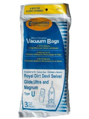 A MUST FOR ALLERGY SUFFERERS!!  
157 Enviro Care TECHNOLOGIES Micro Filtration Vacuum Bags  
$9.7% Filtration Trap: Microscopic Particles and Allergens  
Filtracion 99,7% Particles H Allergenes Microscopiques de Piges 99,7%  
Filtracin Particulas Alergnicos Micrescpicos de les Desvios  
Designed to Fit:  
Concus Pour:  
Diseado a Medida:  
Royal Dirt Devil Swivel Glide, Ultra and Magnum Type U  
BAGS  
3 SACS BOLSAS