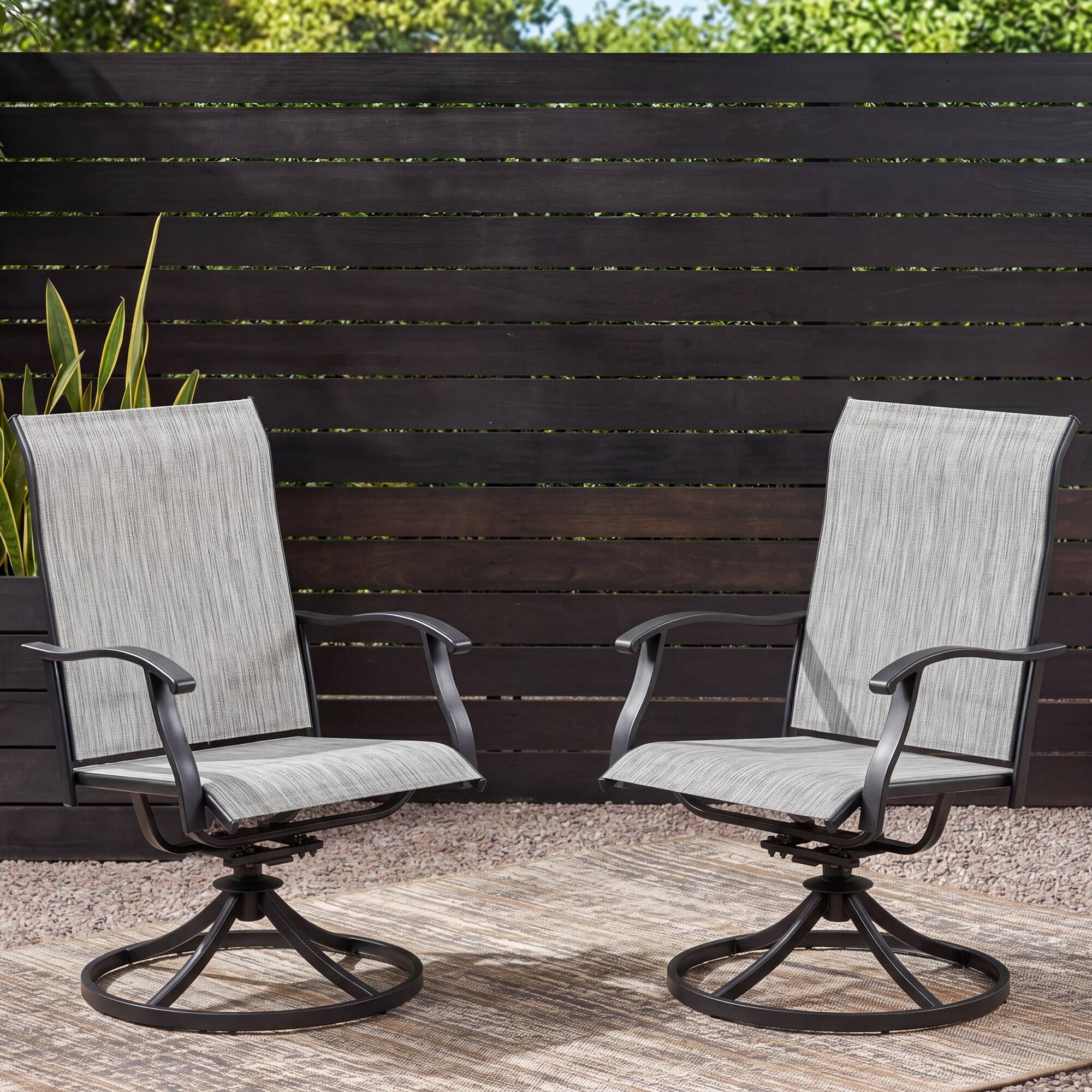 Left. Nuu Garden - Outdoor 2-Piece Patio Swivel Chair Set, Textilene Fabric, Iron Frame - Black and Gray.