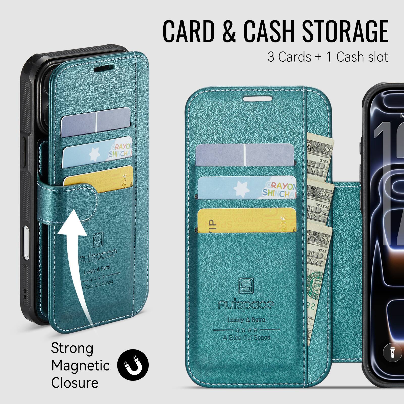 CARD & CASH STORAGE  
3 Cards + 1 Cash slot  

CRAYON SHI CHA  
Autspace  
Luxury & Retro  
A Extra Out Space  

Strong Magnetic Closure