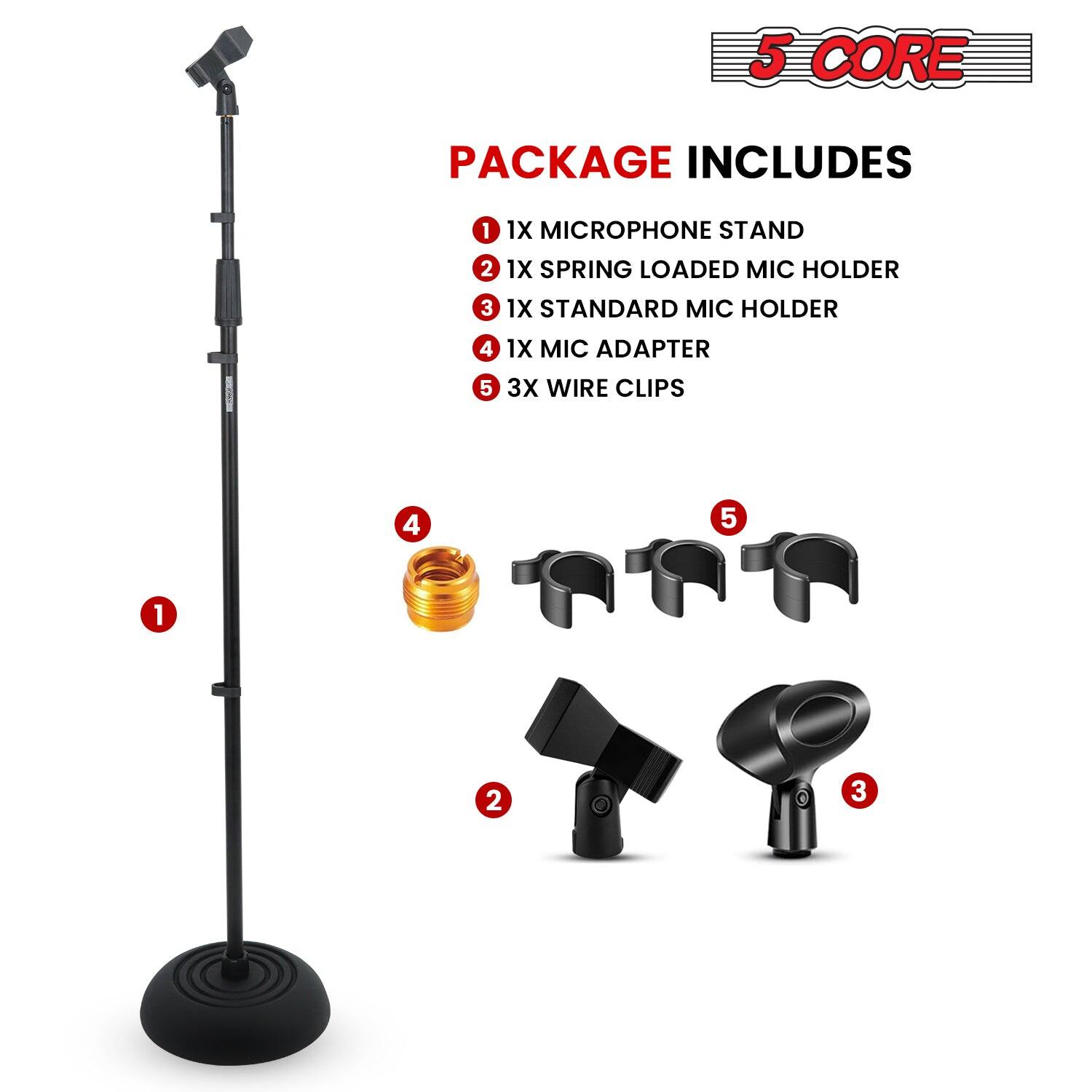 5 CORE PACKAGE INCLUDES 1 1X MICROPHONE STAND 2 1X SPRING LOADED MIC HOLDER 3 1X STANDARD MIC HOLDER 4 1X MIC ADAPTER 5 3X WIRE CLIPS