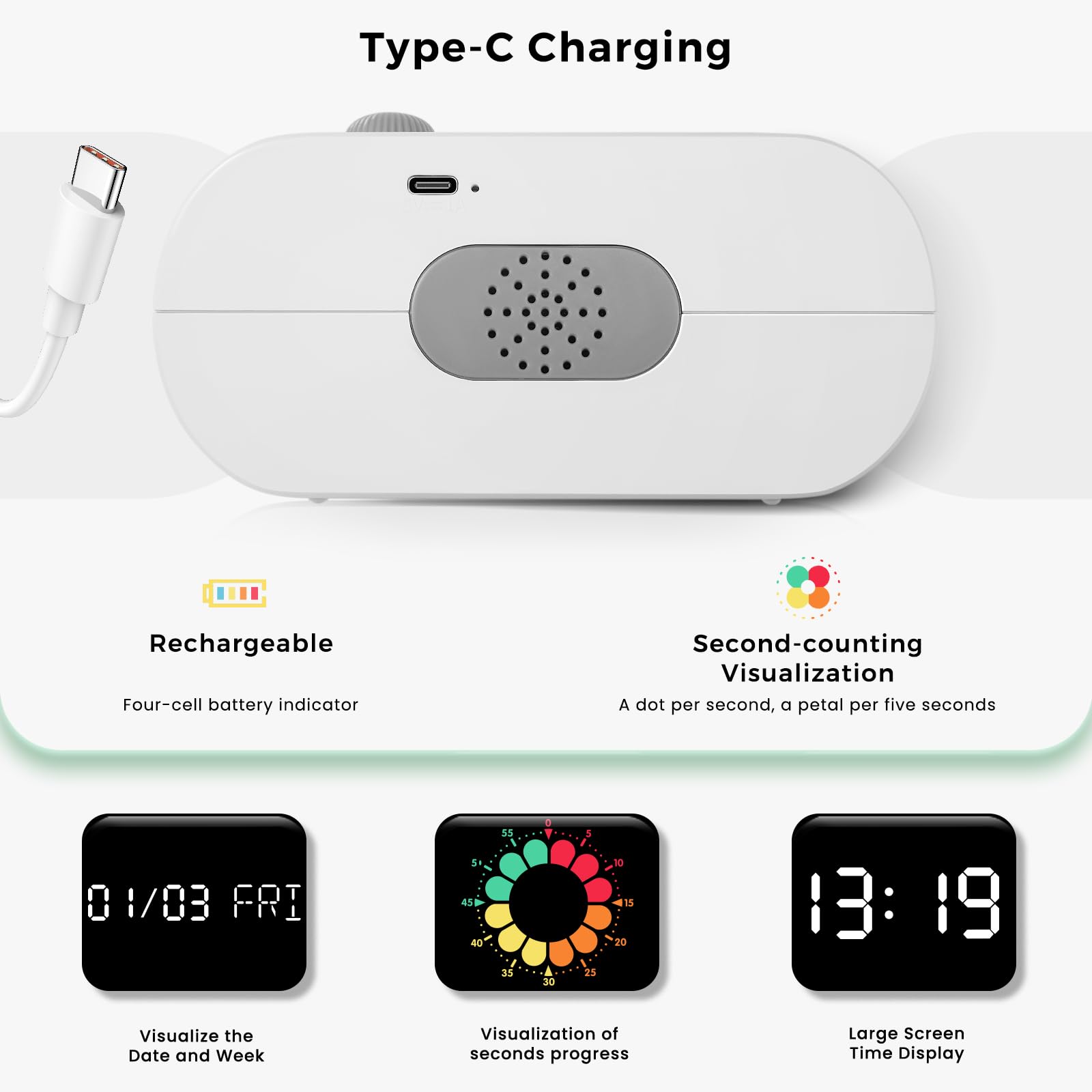 Type-C Charging

Rechargeable
Four-cell battery indicator

Second-counting Visualization
A dot per second, a petal per five seconds

01/03 FRI

Visualize the Date and Week

Visualization of seconds progress

Large Screen Time Display