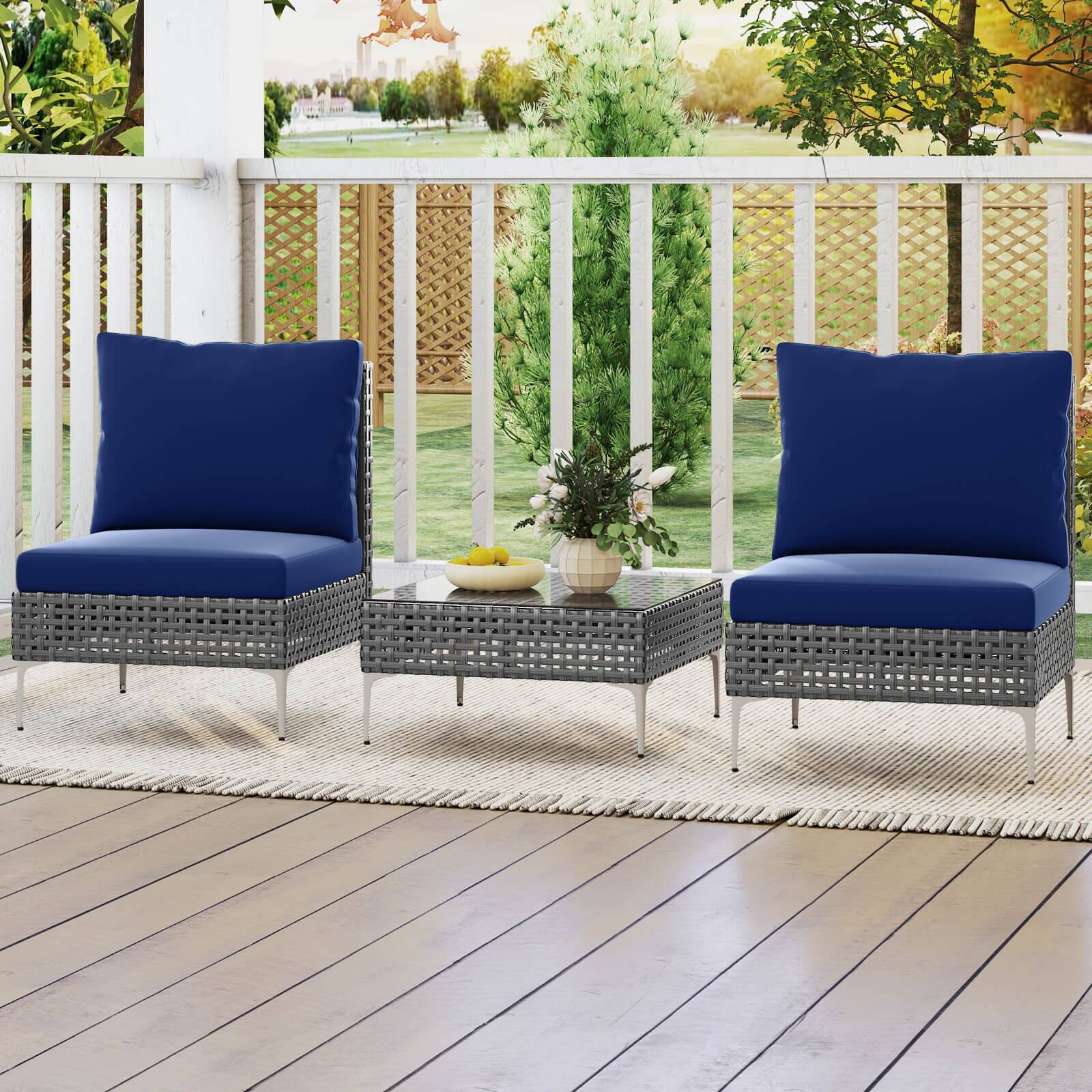 Alt View 3. Costway - Costway 3 PCS Patio Furniture Set with Tempered Glass Coffee Table Soft Back & Seat Cushions - Blue.