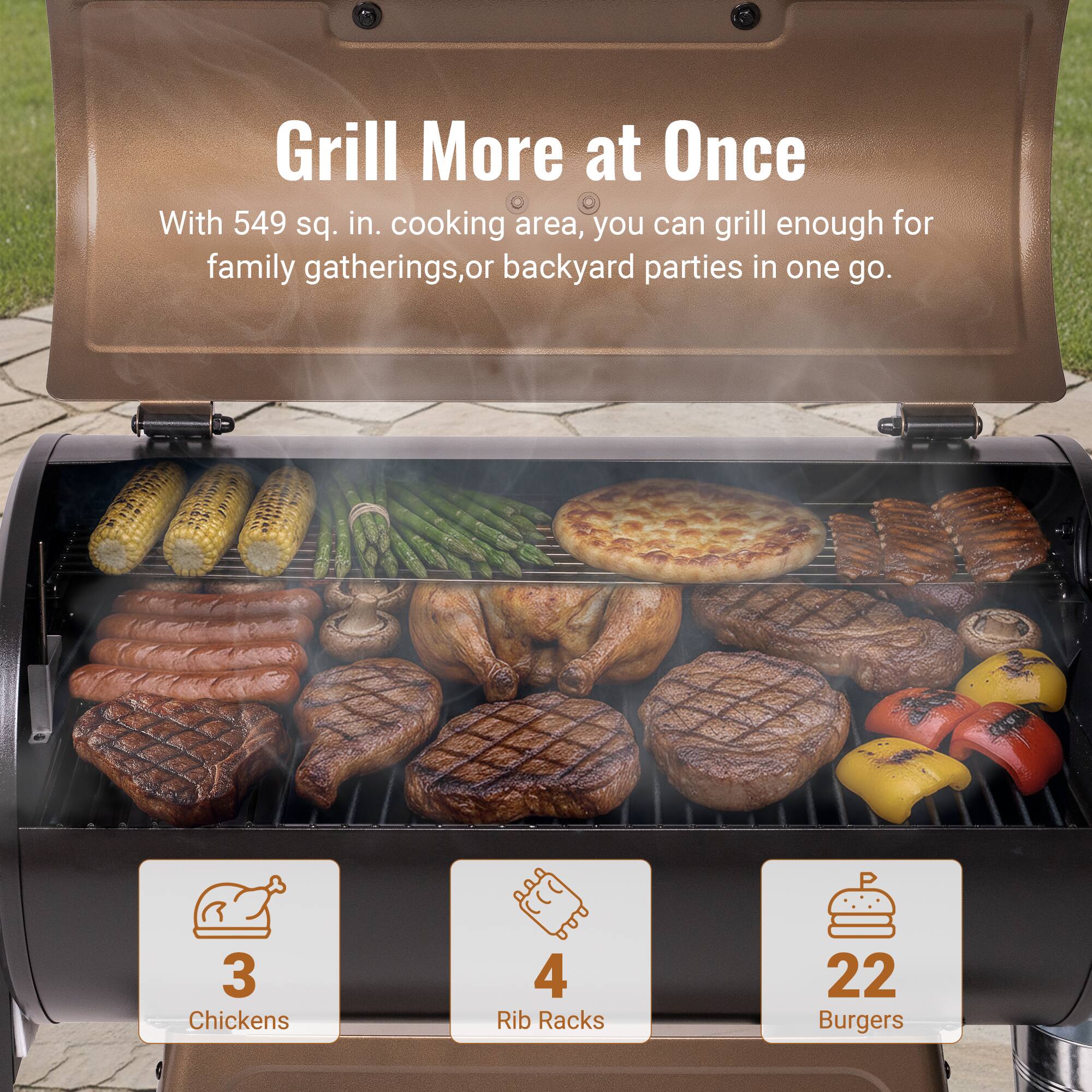 Grill More at Once

With 549 sq. in. cooking area, you can grill enough for family gatherings, or backyard parties in one go.

3 Chickens  
4 Rib Racks  
22 Burgers