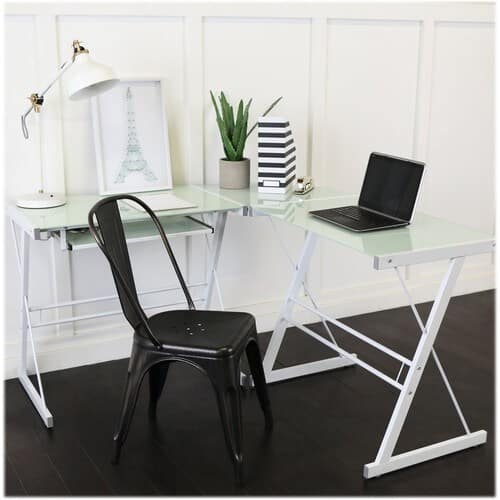 Front. Walker Edison - 51" L-Shaped Modern Glass Corner Computer Desk - White.