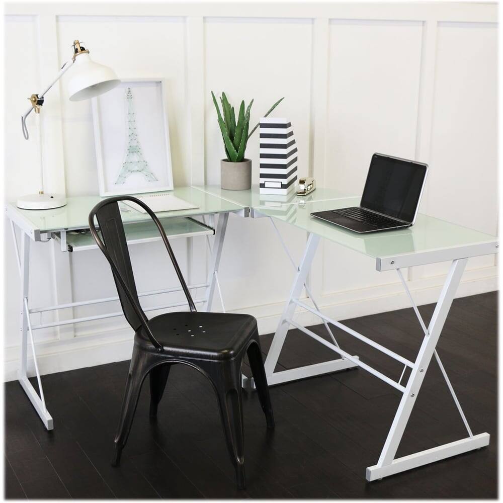 Left. Walker Edison - 51" L-Shaped Modern Glass Corner Computer Desk - White.