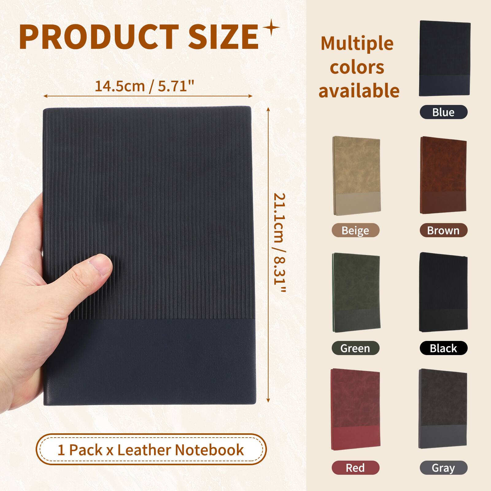 PRODUCT SIZE 14.5cm / 5.71" x 21.1cm / 8.31"  
Multiple colors available: Blue, Beige, Brown, Green, Black, Red, Gray  
1 Pack x Leather Notebook