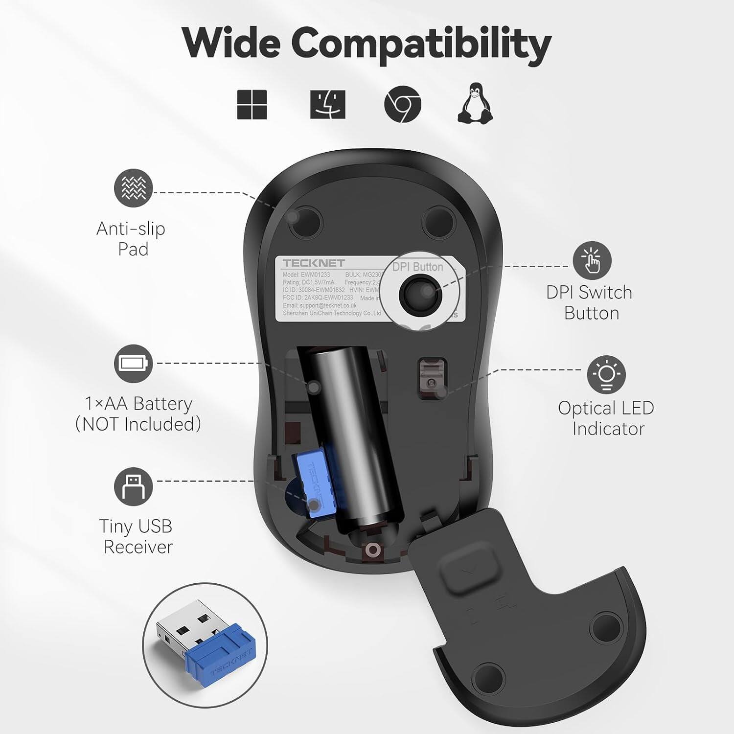 TECKNET Portable Ambidextrous 2.4 GHz Wireless Mouse for Laptop ...