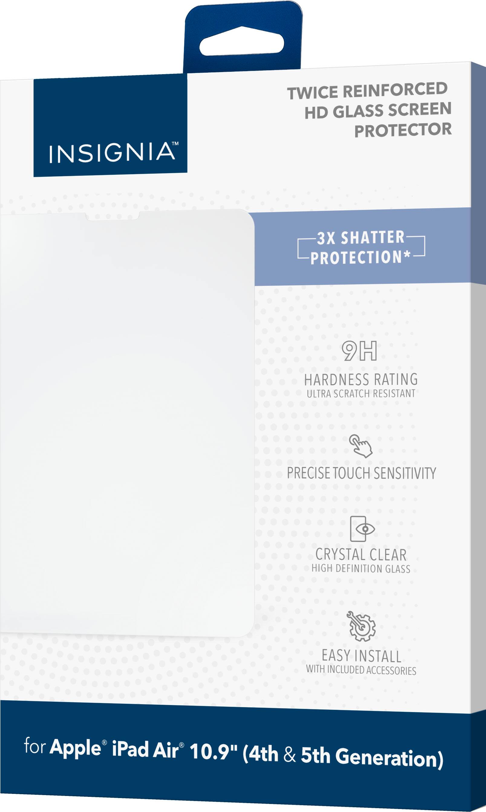 Insignia Twice Reinforced HD Glass Screen Protector 3X Shatter Protection* 9H Hardness Rating Ultra Scratch Resistant Precise Touch Sensitivity Crystal Clear High Definition Glass Easy Install with Included Accessories for Apple iPad Air 10.9" (4th & 5th Generation)