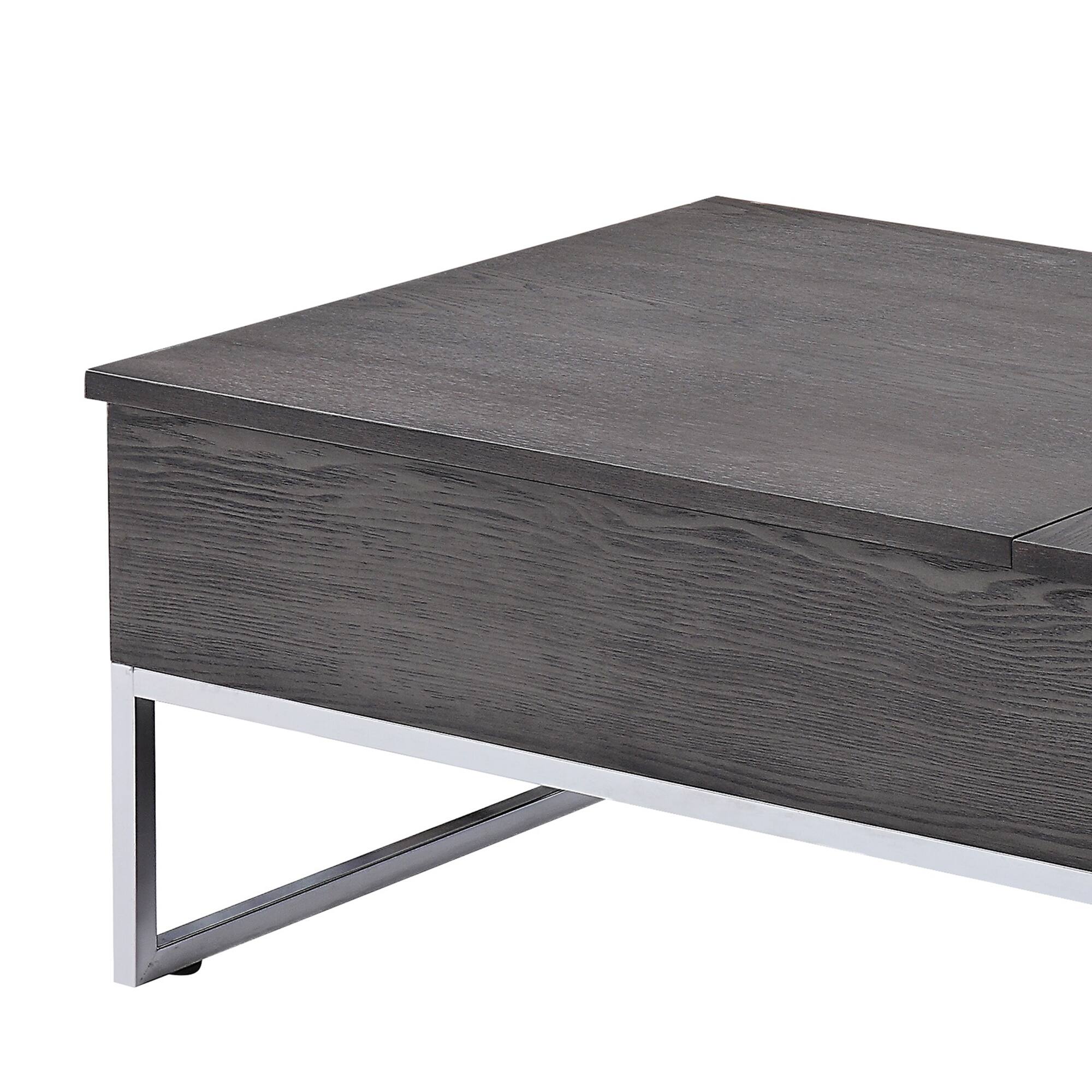 Alt View 1. Manhattan Lane - Wooden Coffee Table with Two Lift Tops and Metal Sled Leg Support - Gray and Silver.