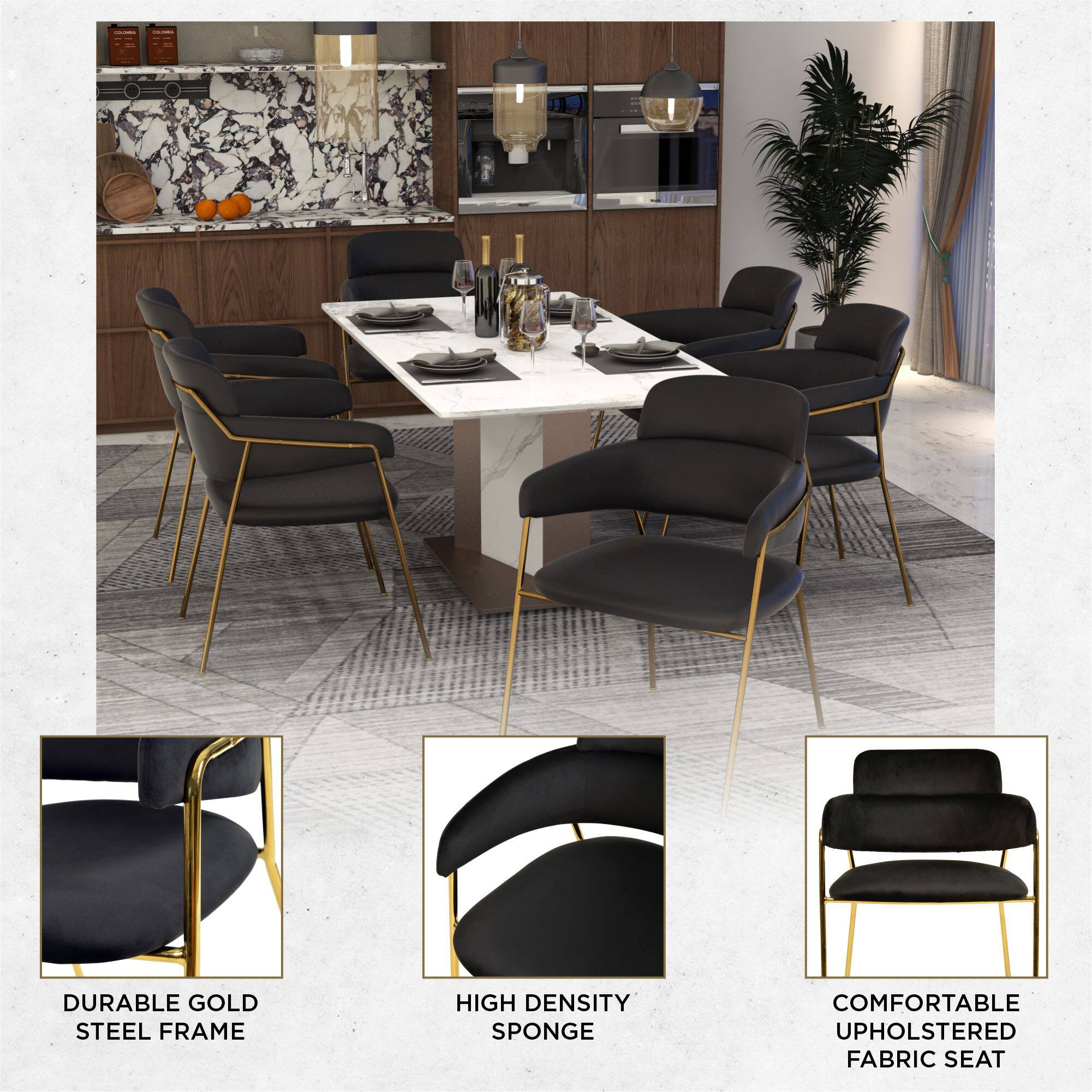 DURABLE GOLD STEEL FRAME  
HIGH DENSITY SPONGE  
COMFORTABLE UPHOLSTERED FABRIC SEAT