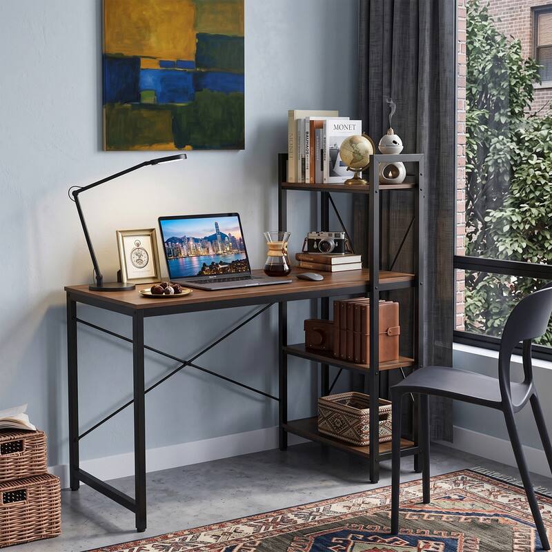 Angle. WELLFOR - 47.5"  Writing Study with 4-Tier Bookshelves, Computer Desk for Home Office Gaming - Tan.