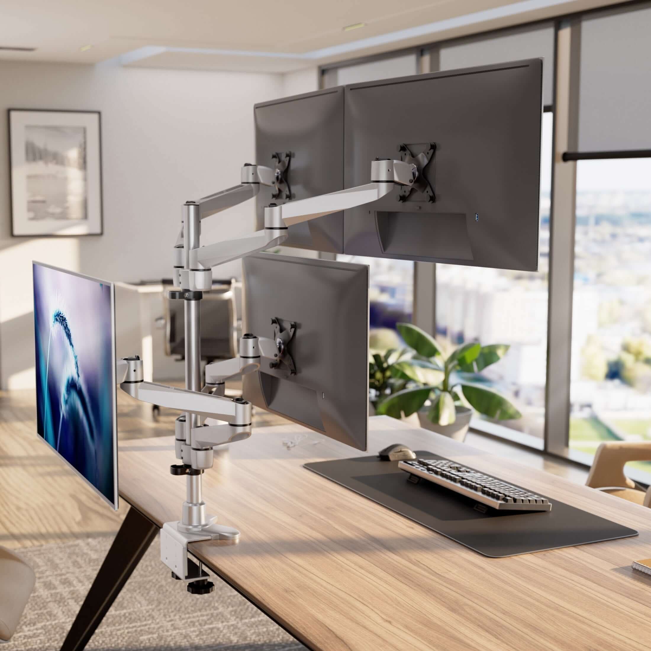 Back. Mount-It! - CLiX Series Full Motion Quad Monitor Desk Mount – Height Adjustable, Articulating Arms for Four Monitors up to 32″ - Silver.