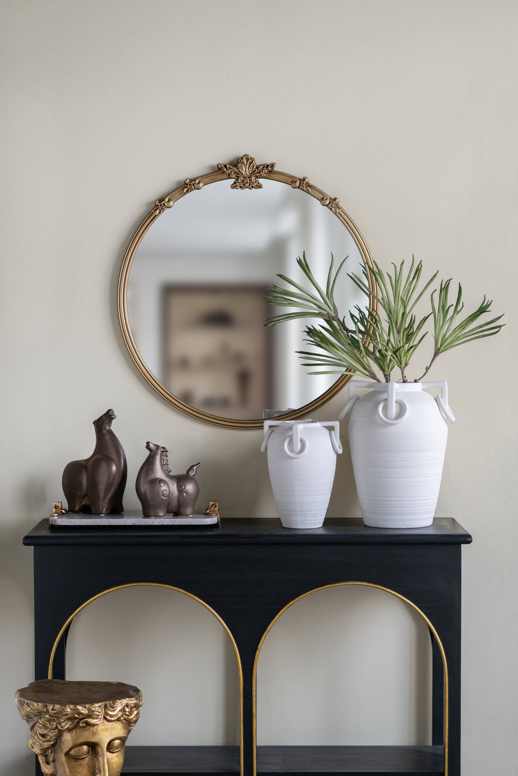 Left. BreeBe - 30x31' Round Wall Mirror With Gold Finish And Decorative Leaf Crest - Gold.