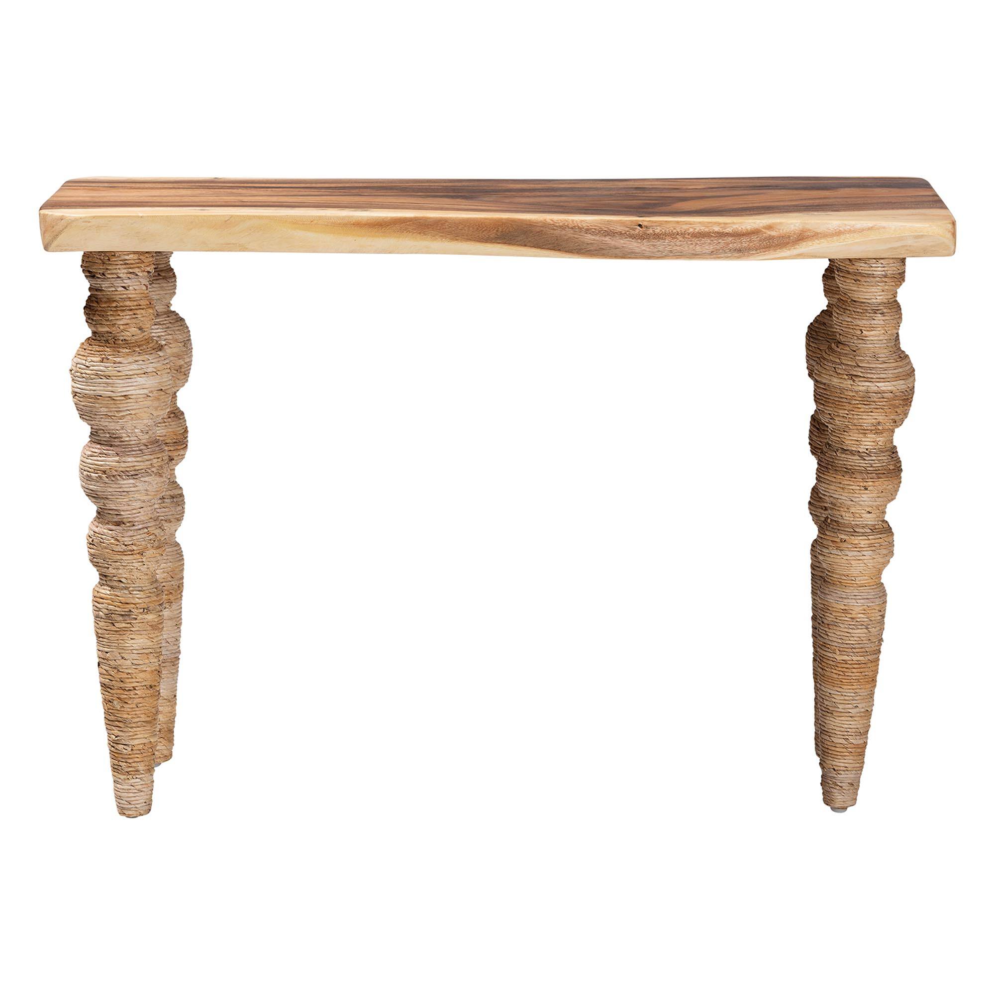 Back. bali & pari - Nasnan Teak Wood Console Table with Seagrass- Sculptural Narrow Entryway Table with Hand-wrapped Turned Legs - Natural Brown.