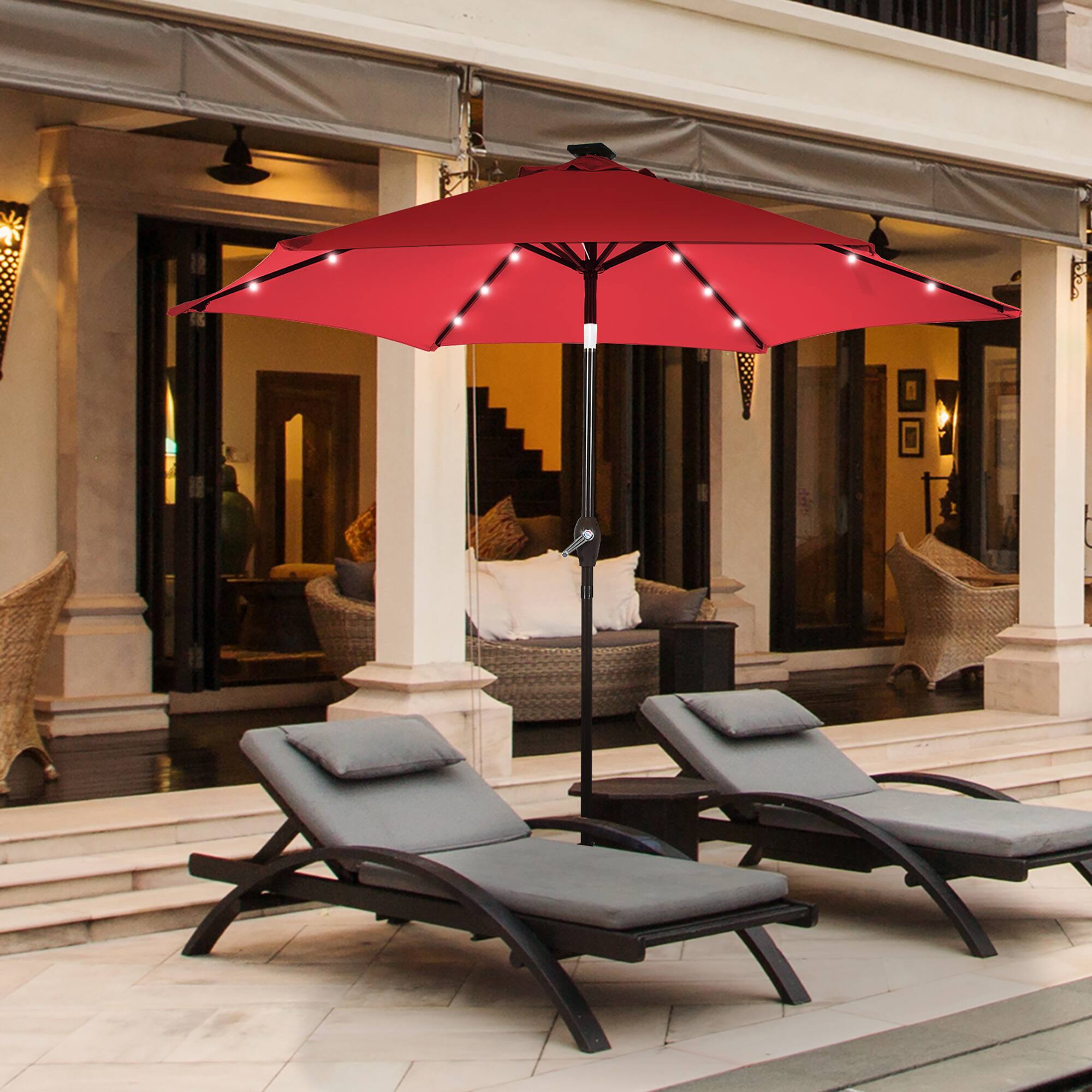 Alt View 3. Costway - 9' Solar LED Lighted Patio Market Umbrella Tilt Adjustment Crank Lift - Burgundy.