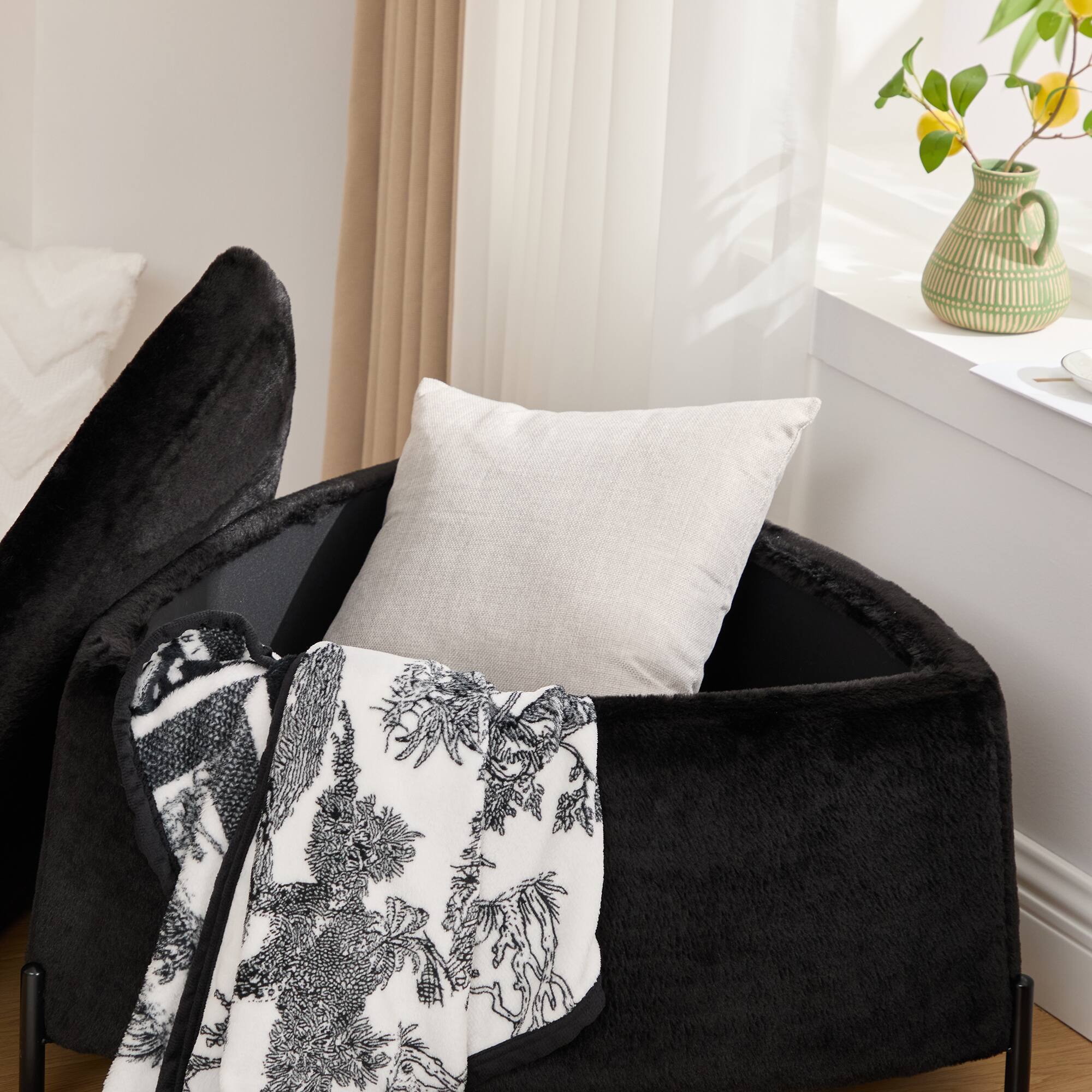 Alt View 6. Boyel Living - Faux Fur Storage Ottoman Set with Reversible Tray Lid and Metal Legs, 2-Piece - Black.
