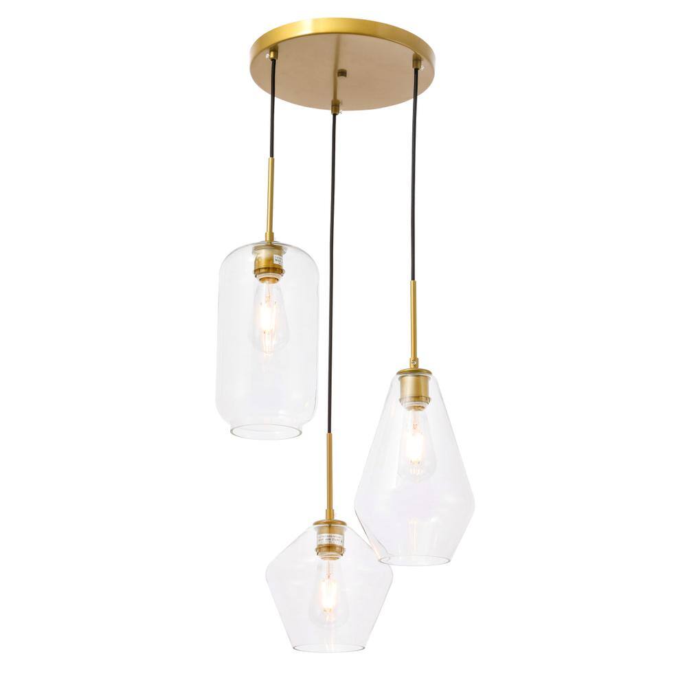Alt View 7. Living District - Gene 3 light Brass and Clear glass pendant - Brass And Clear Glass.