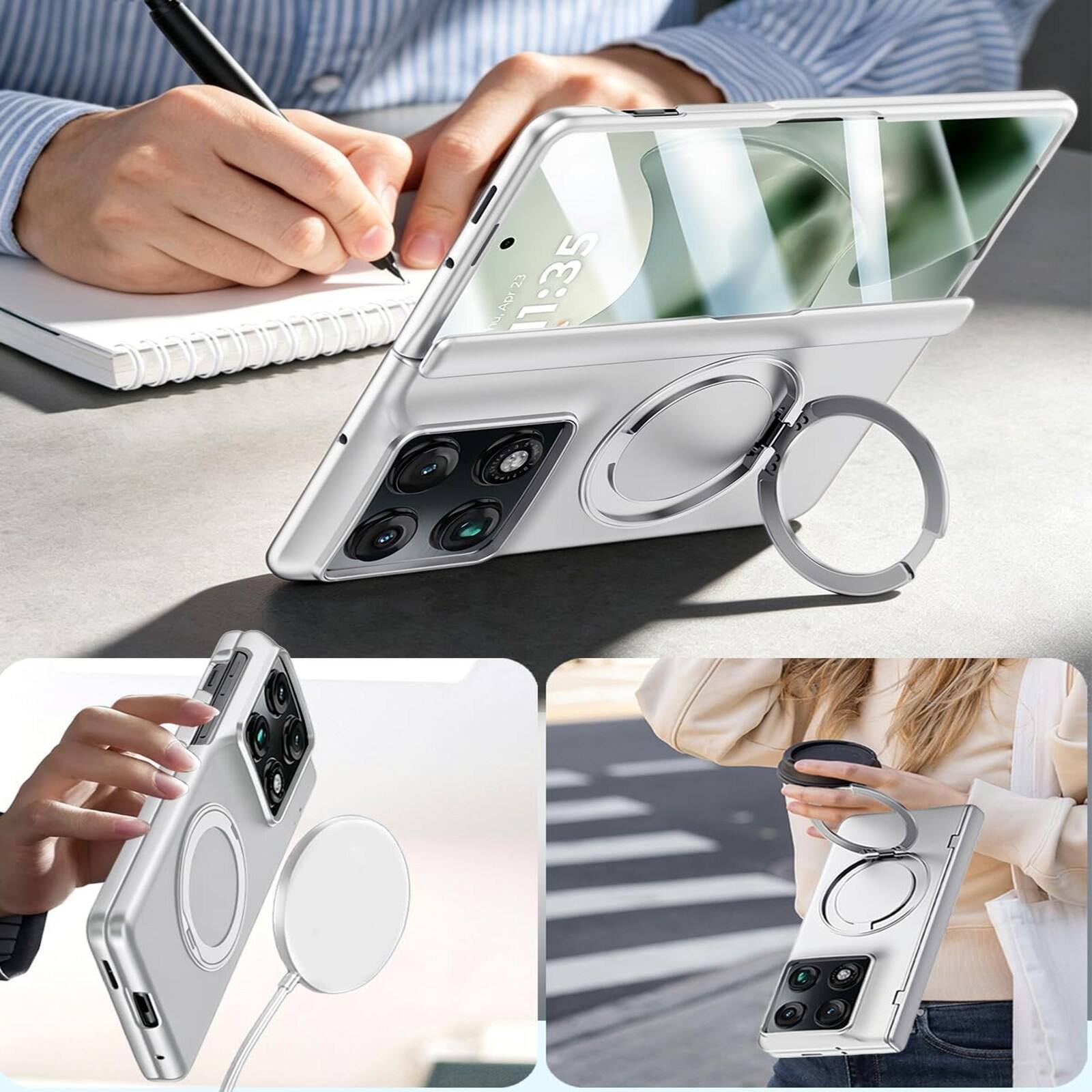 Back. Dteck - For Moto Razr Fold (2026) Hinge Protection Magnetic Ring Stand Foldable Shockproof Rugged Case Built-in Screen Protector - Sliver(Privacy Film).