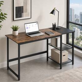 WELLFOR - 59" Industrial Computer Desk with Storage Shelves & Charging Station, Home Office Desk Gaming Desk - Rustic Brown