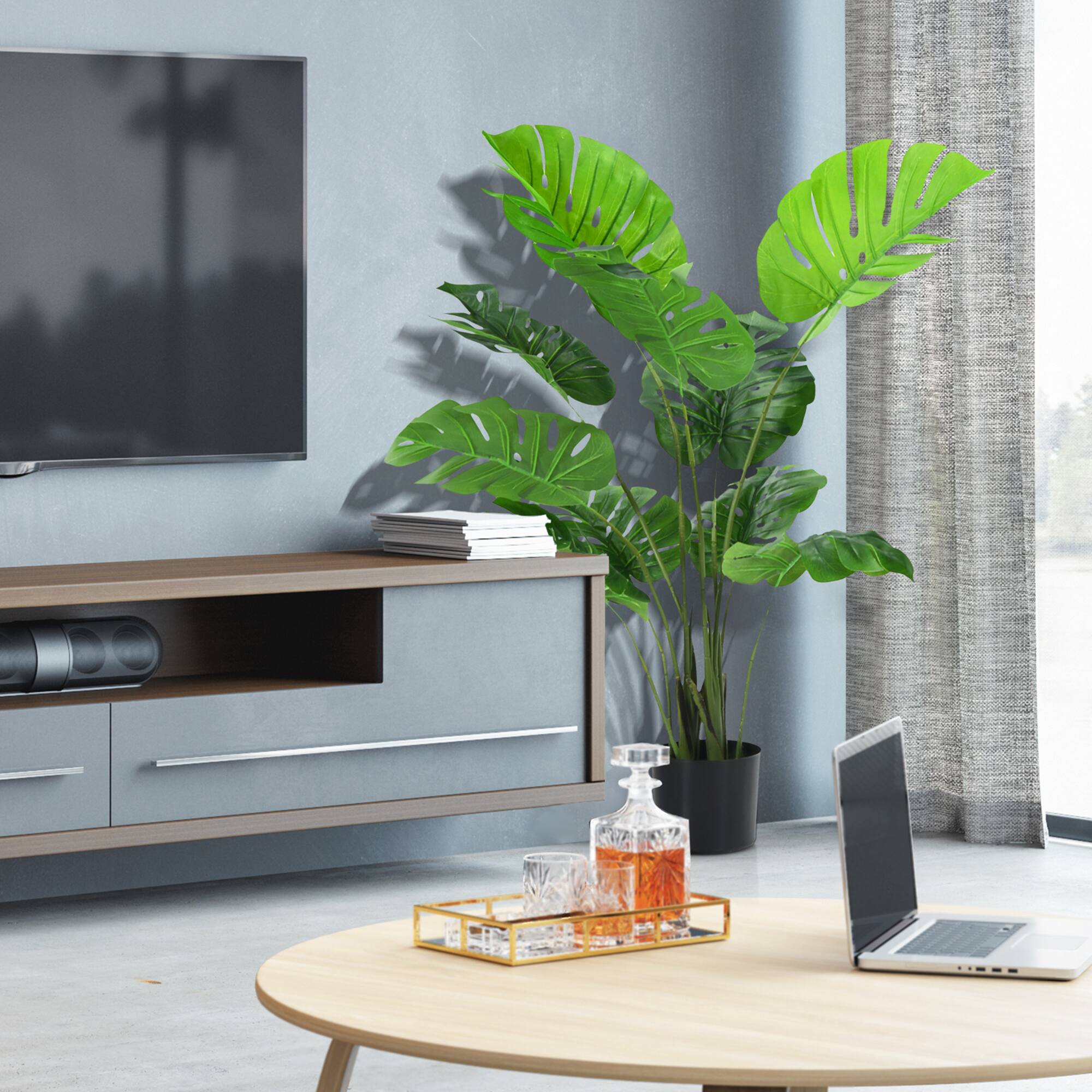 Alt View 4. Gymax - Gymax 2 Pack Artificial Monstera Deliciosa Tree 4ft Faux Plant w/ Cement-Filled Pot - Green, Black.