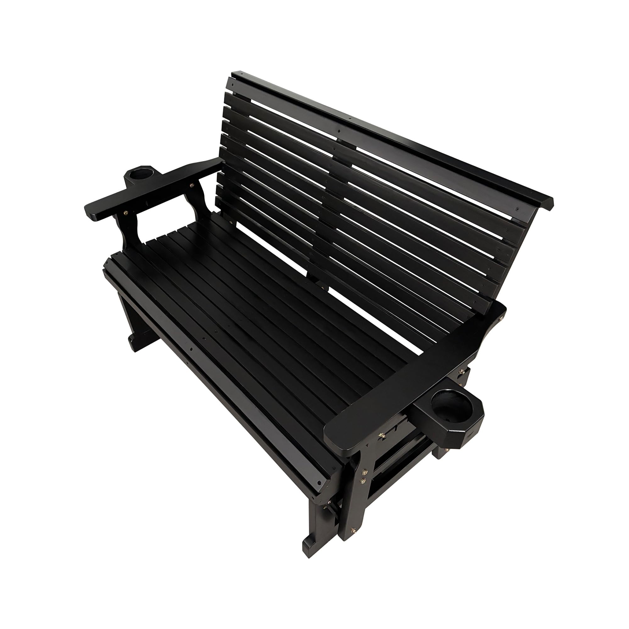 Angle. Fortune Candy - Wooden Patio Glider with Cup Holders, High Roll Back and Deep Contoured Seat, Heavy Duty 800 Lb (2-Seater) - Carbon Black.