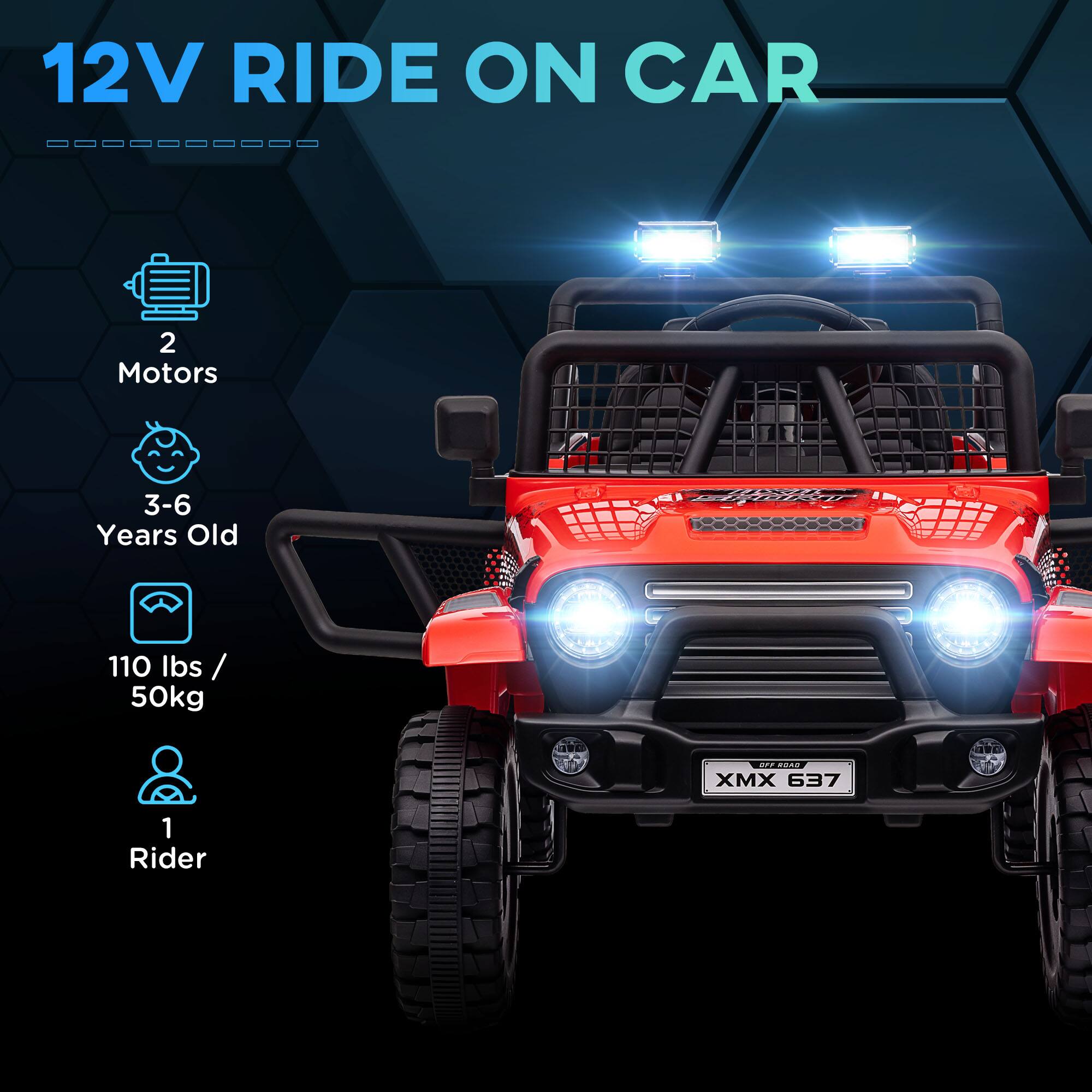 12V RIDE ON CAR

- 2 Motors
- 3-6 Years Old
- 110 lbs / 50kg
- 1 Rider

XMX 637