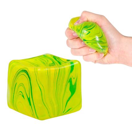 Front. Puka Creations - Marble Swirl Squishy Cube 2.5-Inch Stress Reliever | Green & Yellow - Green.