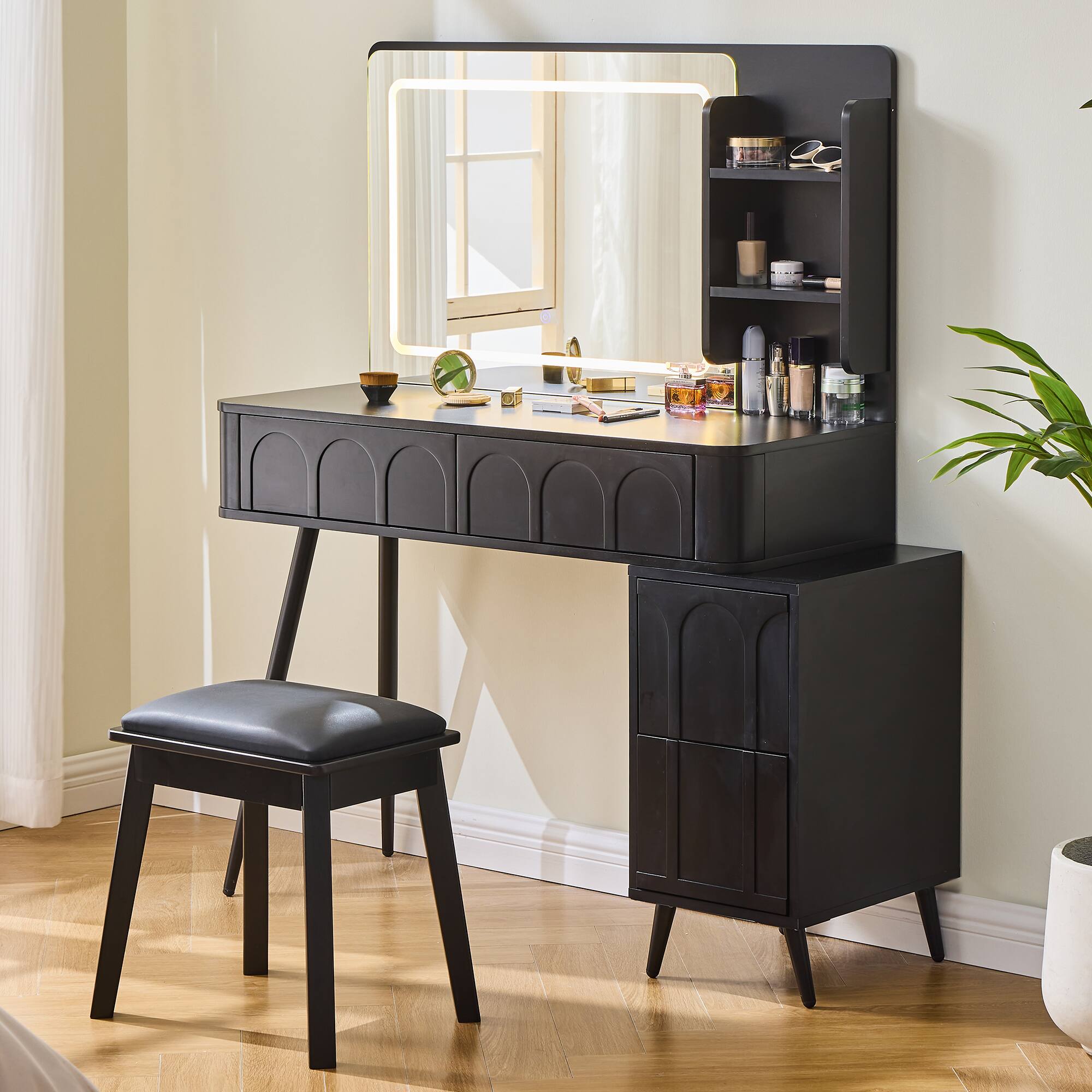 Lirago - Modern Wood Dresser Table Desk Makeup Vanities Dressing Table Set with Stool 52.5"H x 16"D x 40"W - Black