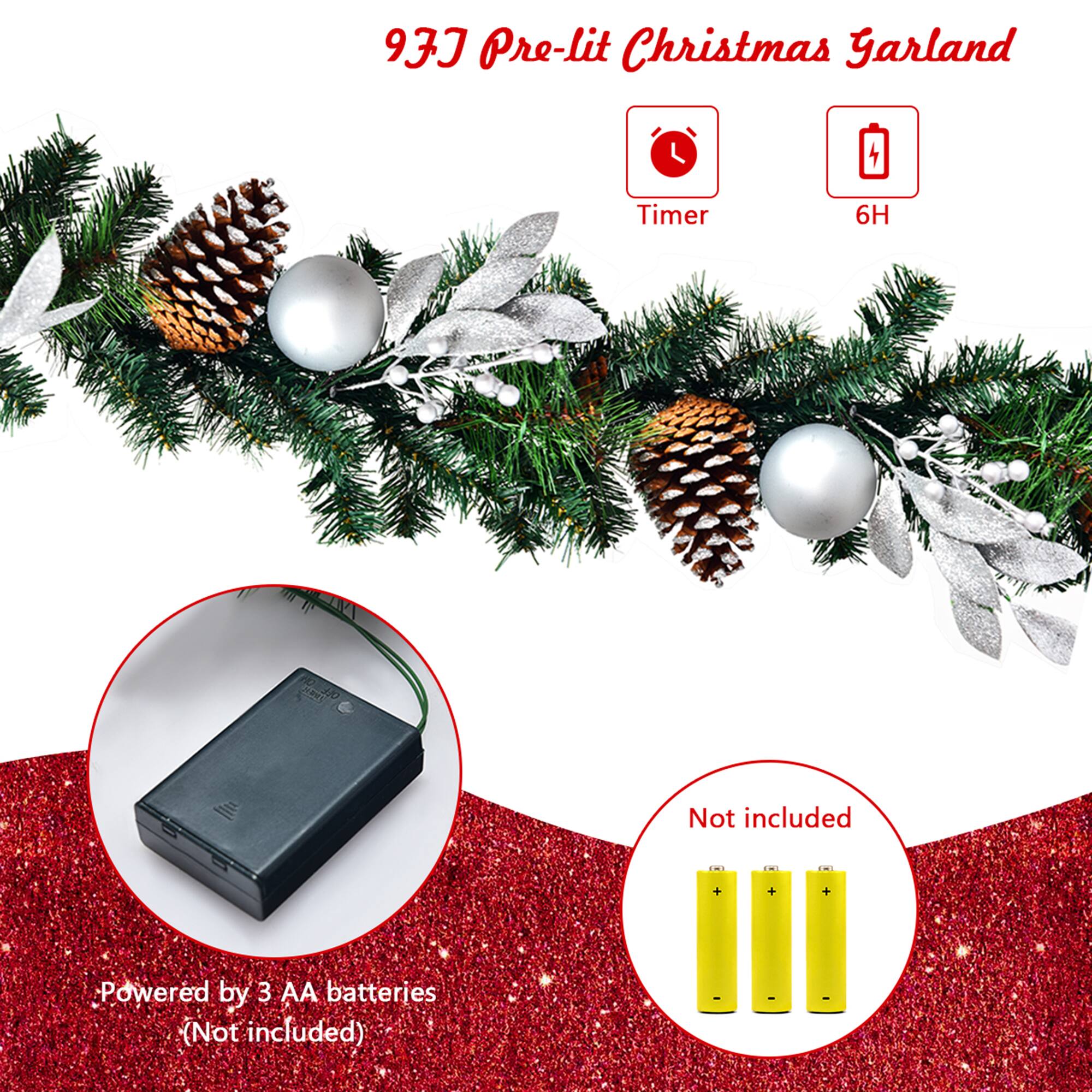93J Pre-lit Christmas Garland

- Timer
- 6H

Powered by 3 AA batteries (Not included)

Not included