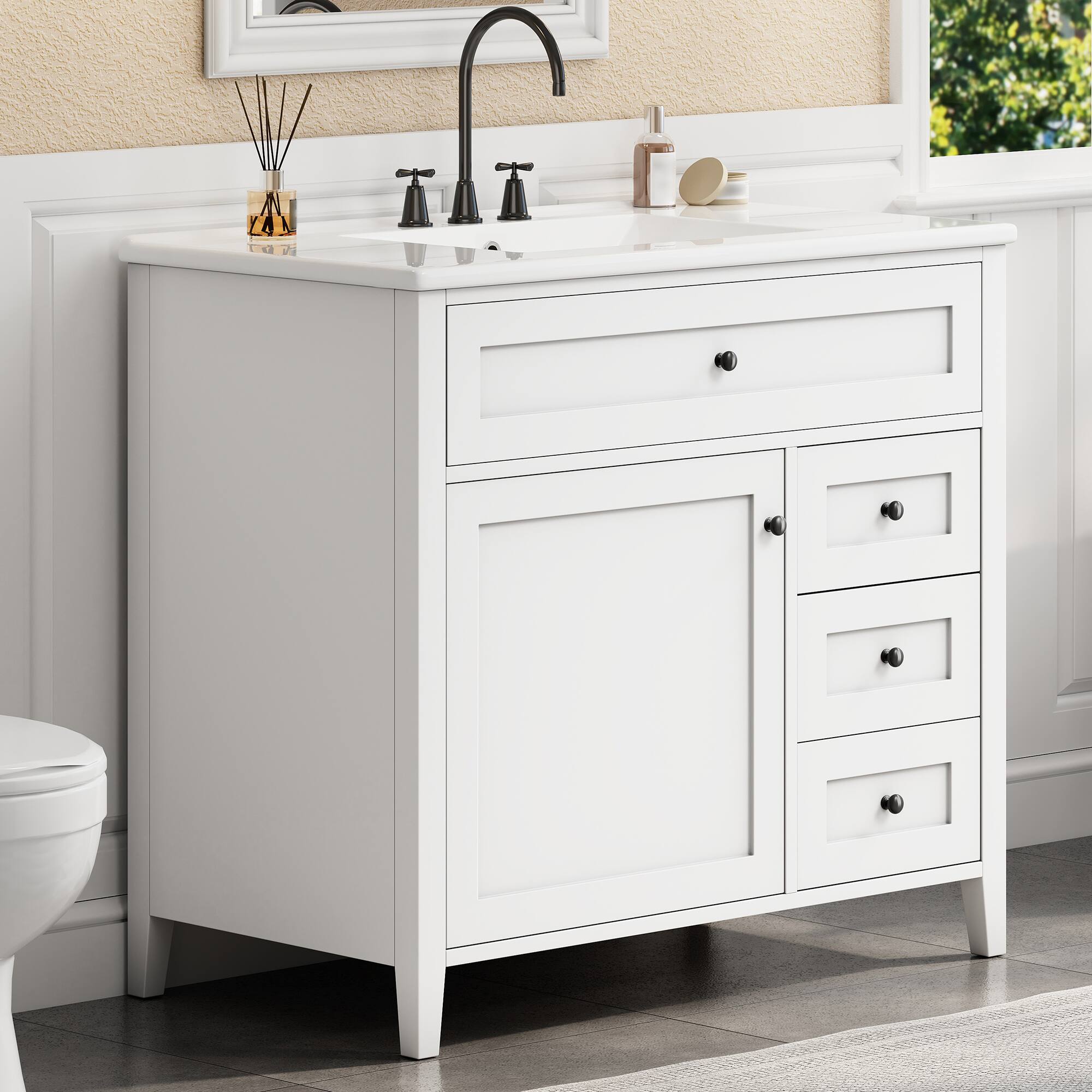 Angle. Whisen - 36 Inch Bathroom Vanity with Ceramic Sink Combo Modern 3 Drawer 1 Door Storage Cabinet Freestanding - White.