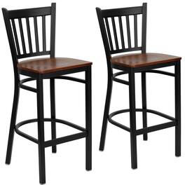 Emma + Oliver - 2 Pack Vertical Back Metal Restaurant Barstool - Cherry Wood Seat/Black Metal Frame