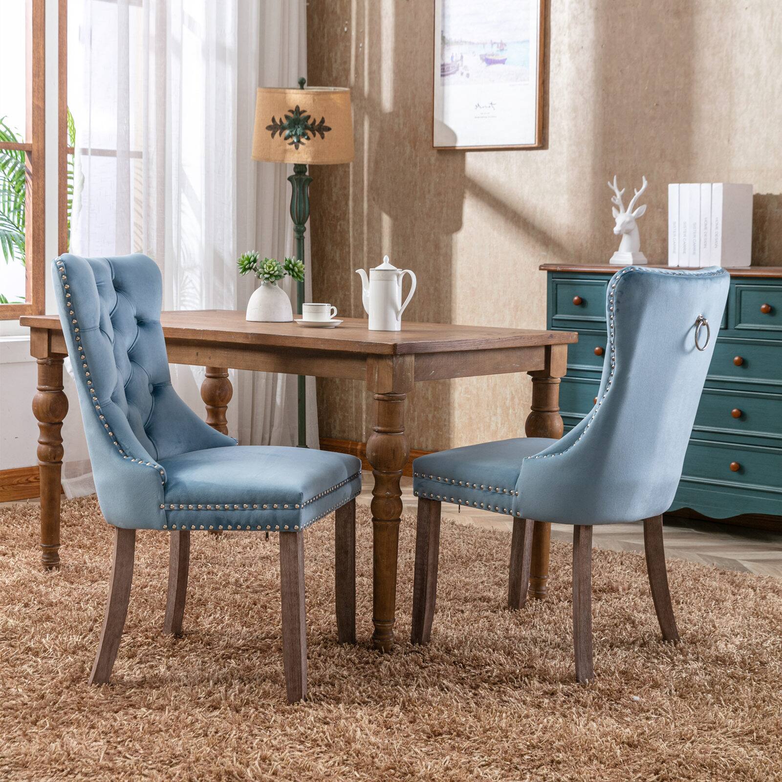 Angle. Z-Edge - Velvet Dining Chairs Set of 2, Upholstered High-end Tufted Dining Room Chair with Nailhead Back Ring Pull Trim Wood Legs - Light Blue.