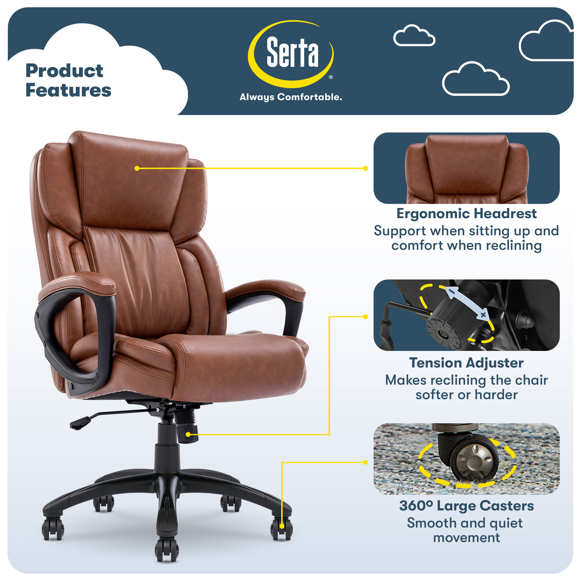 Left. Serta - Garret Bonded Leather Executive Office Chair with Premium Cushioning - Cognac.