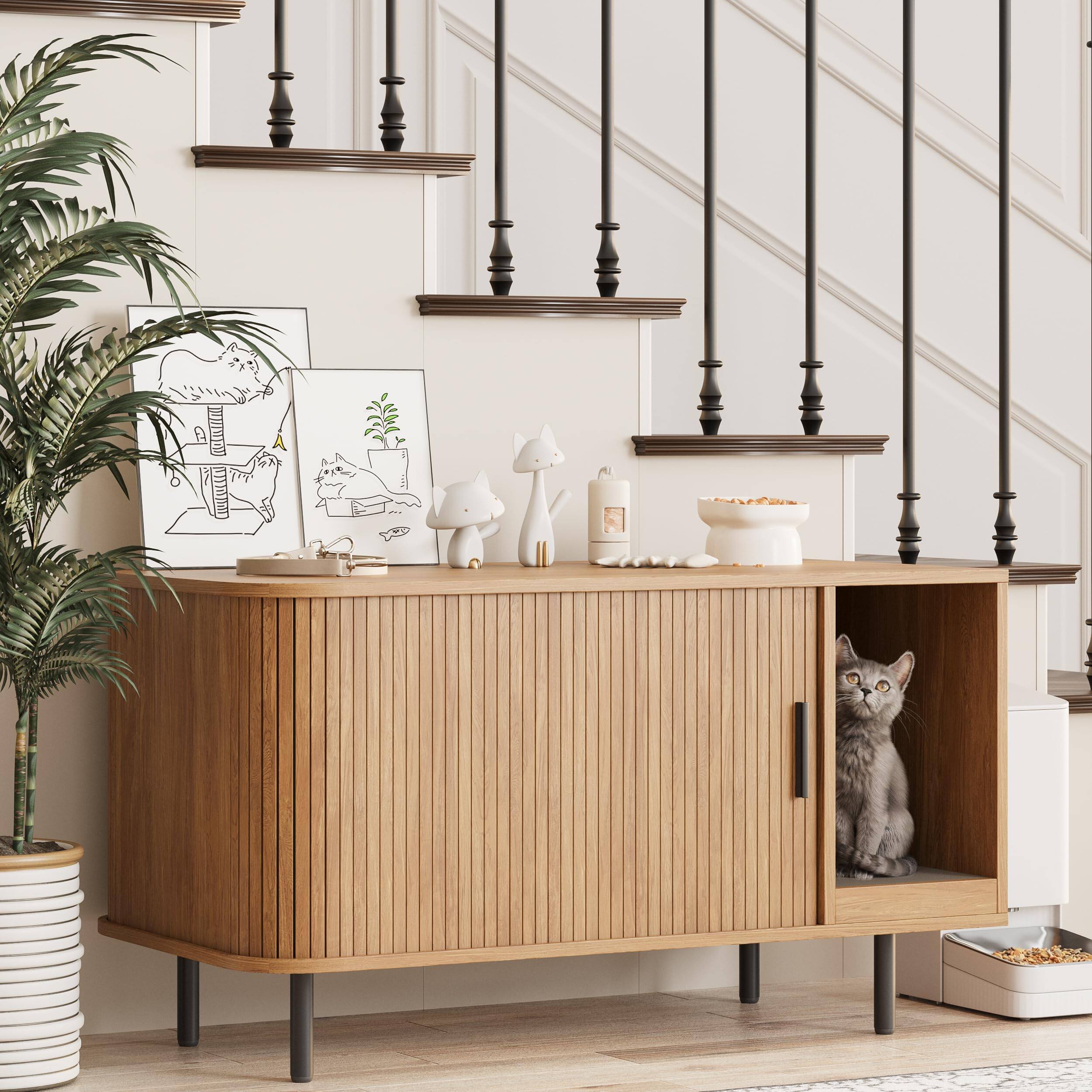 Front. PO3TICJUNKI3 - Cat Litter Box Enclosure with Scratch Pad & Sliding Door 37.4" Multi-Use Furniture - Natural 37.4"L x 19.7"W x 21.6"H.
