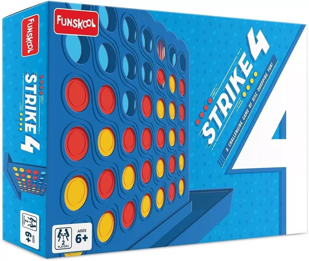 FUNSKOOL, FUNSKOOL, STRIKE 4, 4 FUN!, STRIKE, DROPPING DISC GAME, CHALLENGING, A PLAYER, 2, 6+ AGES, AGES, 6+ PLAYERS