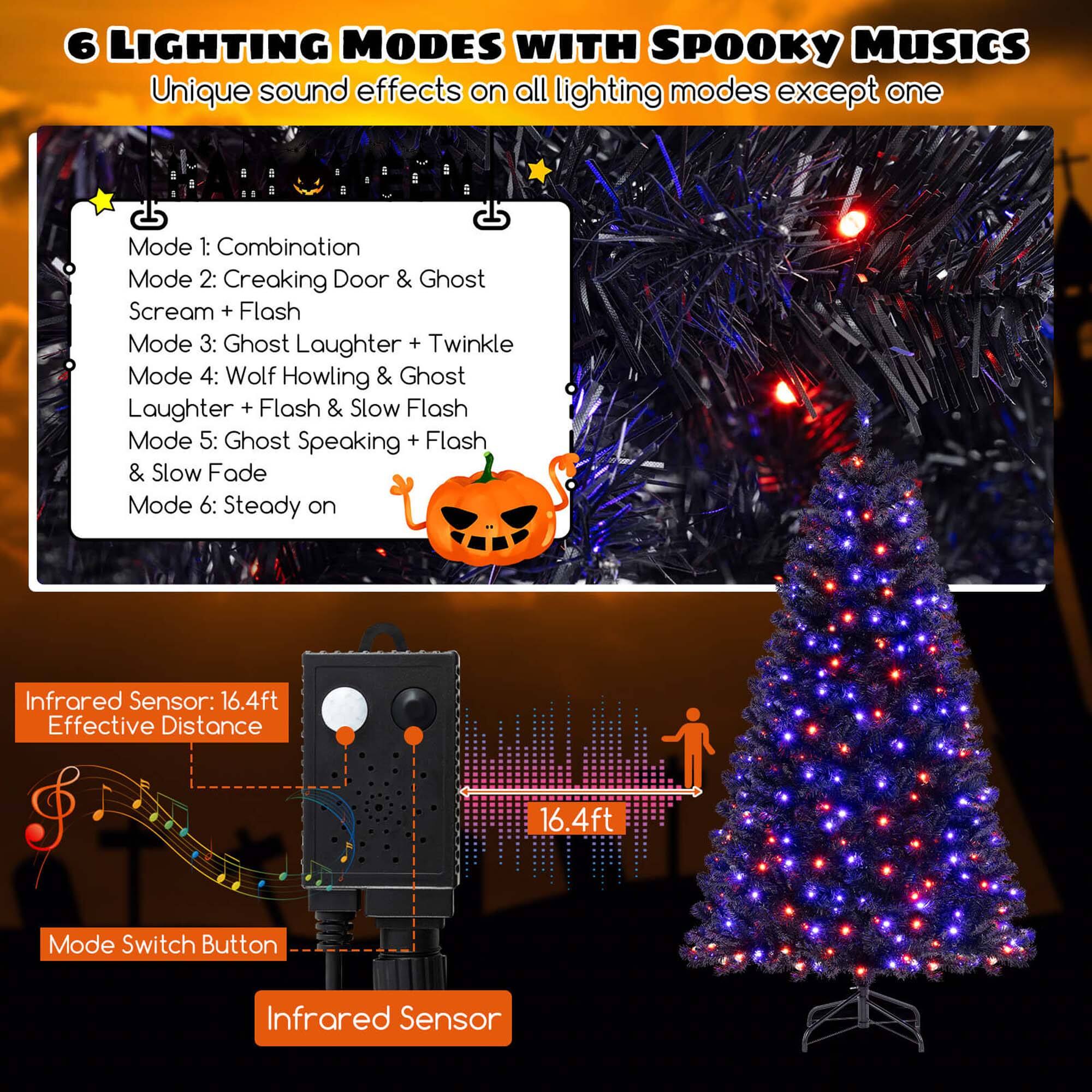 6 Lighting Modes with Spooky Music: Unique sound effects on all lighting modes except one.

Mode 1: Combination
Mode 2: Creaking Door & Ghost Scream + Flash
Mode 3: Ghost Laughter + Twinkle
Mode 4: Wolf Howling & Ghost Laughter + Flash & Slow Flash
Mode 5: Ghost Speaking + Flash & Slow Fade
Mode 6: Steady on

Infrared Sensor: 16.4ft Effective Distance
Mode Switch Button