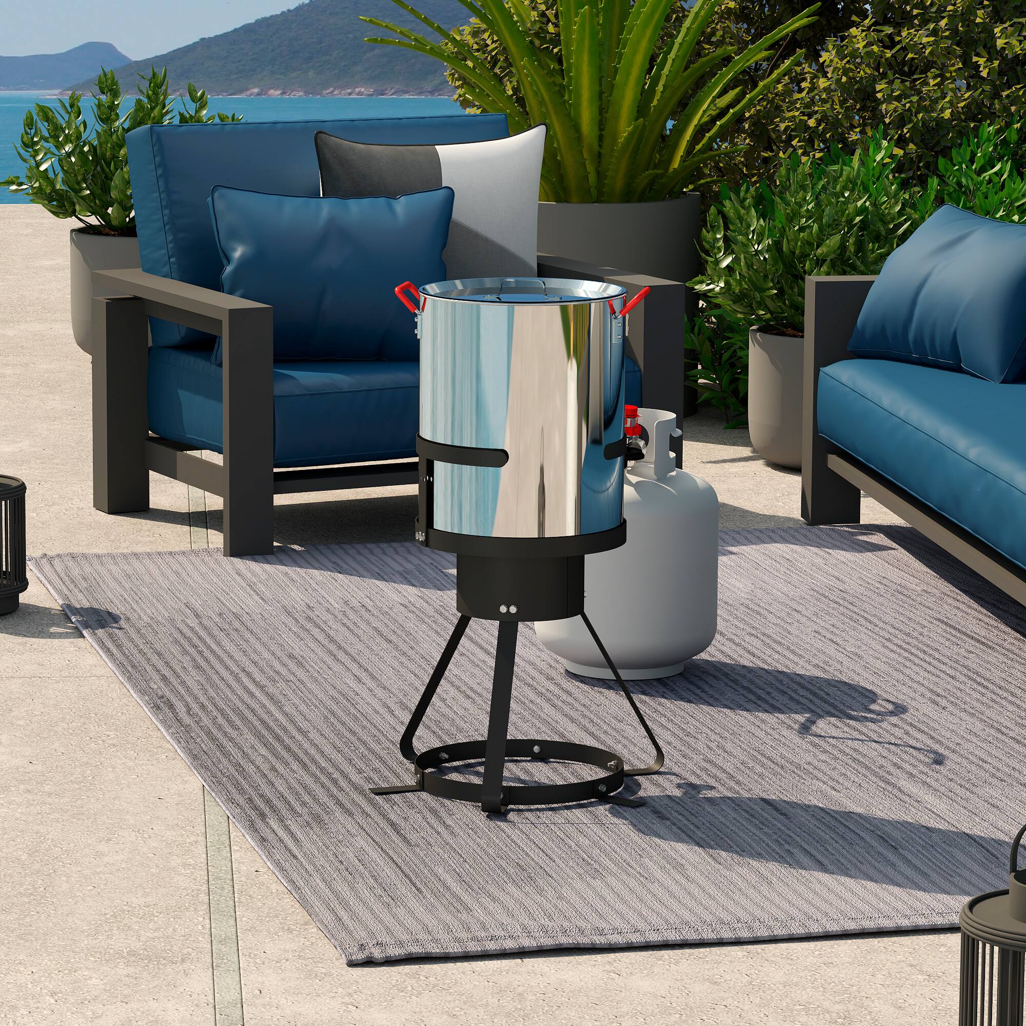 Alt View 4. FEASTO - 30 QT Turkey Fryer Pot with Basket and Burner Stand for Outdoor Seafood Boiling and Turkey Frying - Silver & Black.