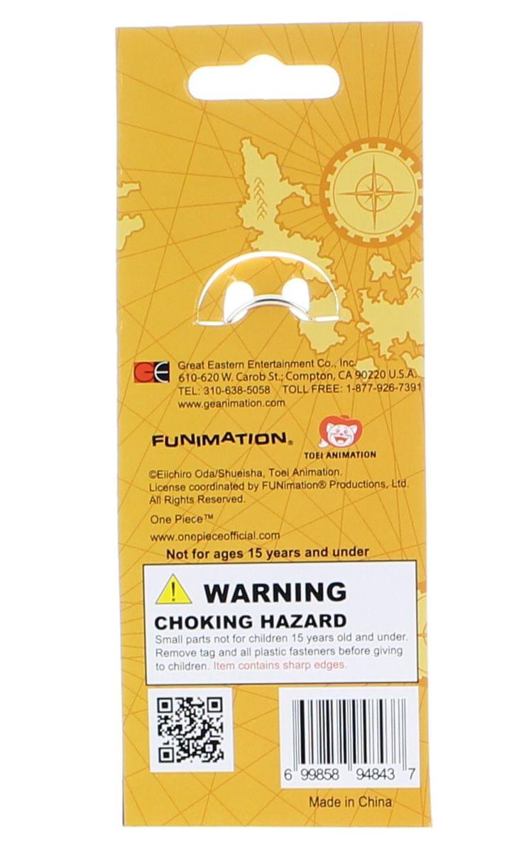 Great Eastern Entertainment Co., Inc  
610-620 W. Carob St., Compton, CA 90220 U.S.A  
TEL: 310-638-5058  
TOLL FREE: 1-877-926-7391  
www.geanimation.com  

FUNIMATION, TOEI ANIMATION  
Eiichiro Oda/Shueisha, Toei Animation.  
License coordinated by FUNimation Productions, Ltd.  
All Rights Reserved.  
One Piece™  
www.onepieceofficial.com  

Not for ages 15 years and under  

WARNING  
CHOKING HAZARD  
Small parts not for children 15 years old and under  
Remove tag and all plastic fasteners before giving to children.  
Item contains sharp edges.  

6 99858 94843 7  
Made in China