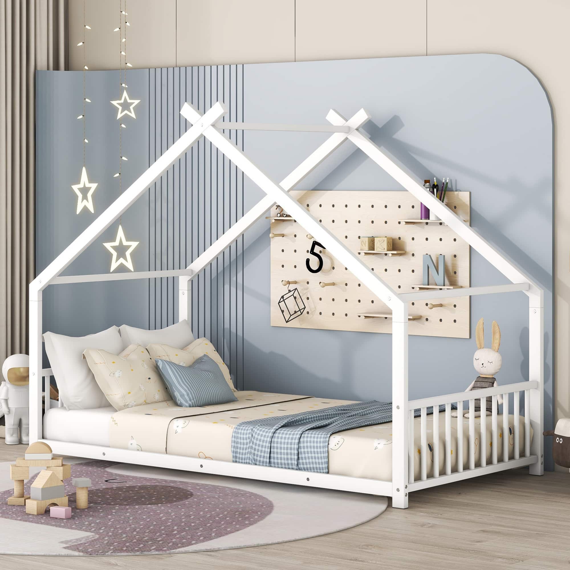 GOODSILO - Twin Size Metal House Frame Bed with Playful Roof Design for Children's Bedroom and Play Area - White
