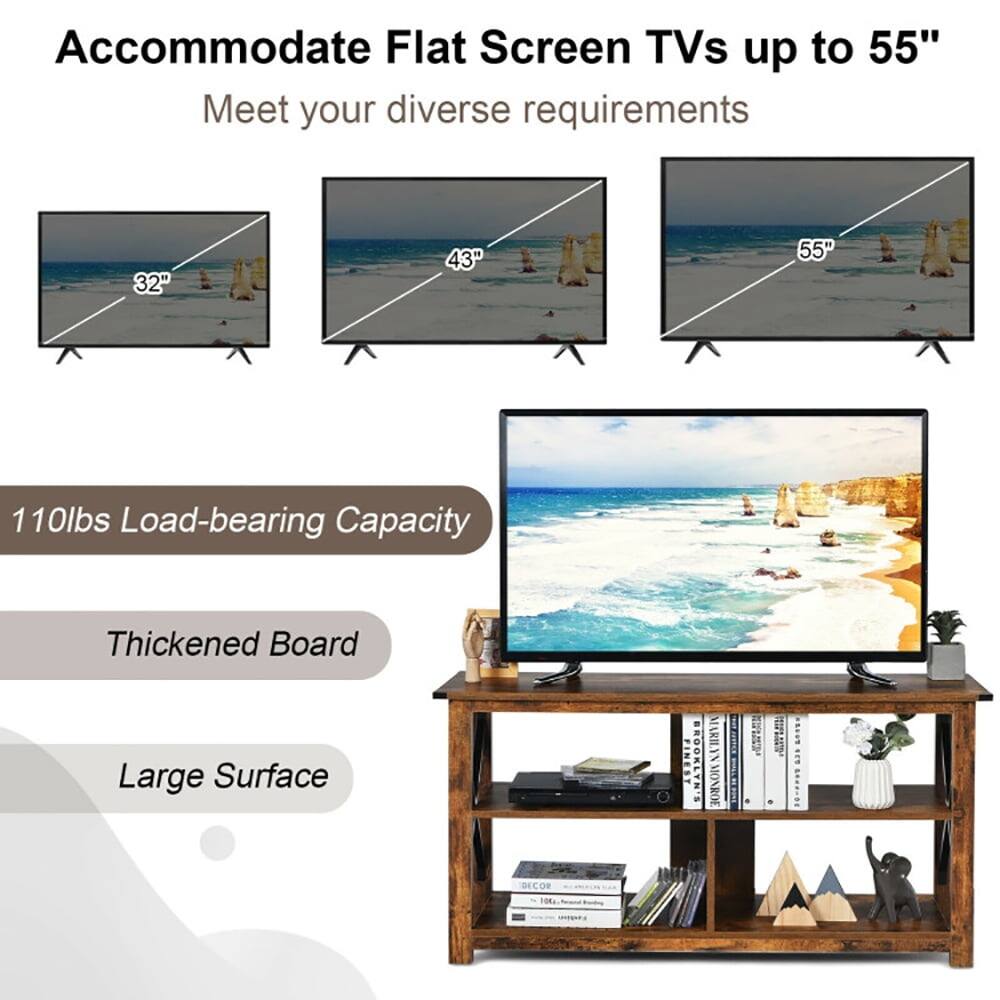 Accommodate Flat Screen TVs up to 55"  
Meet your diverse requirements  
32" 43" 55"  
110lbs Load-bearing Capacity  
Thickened Board  
Large Surface