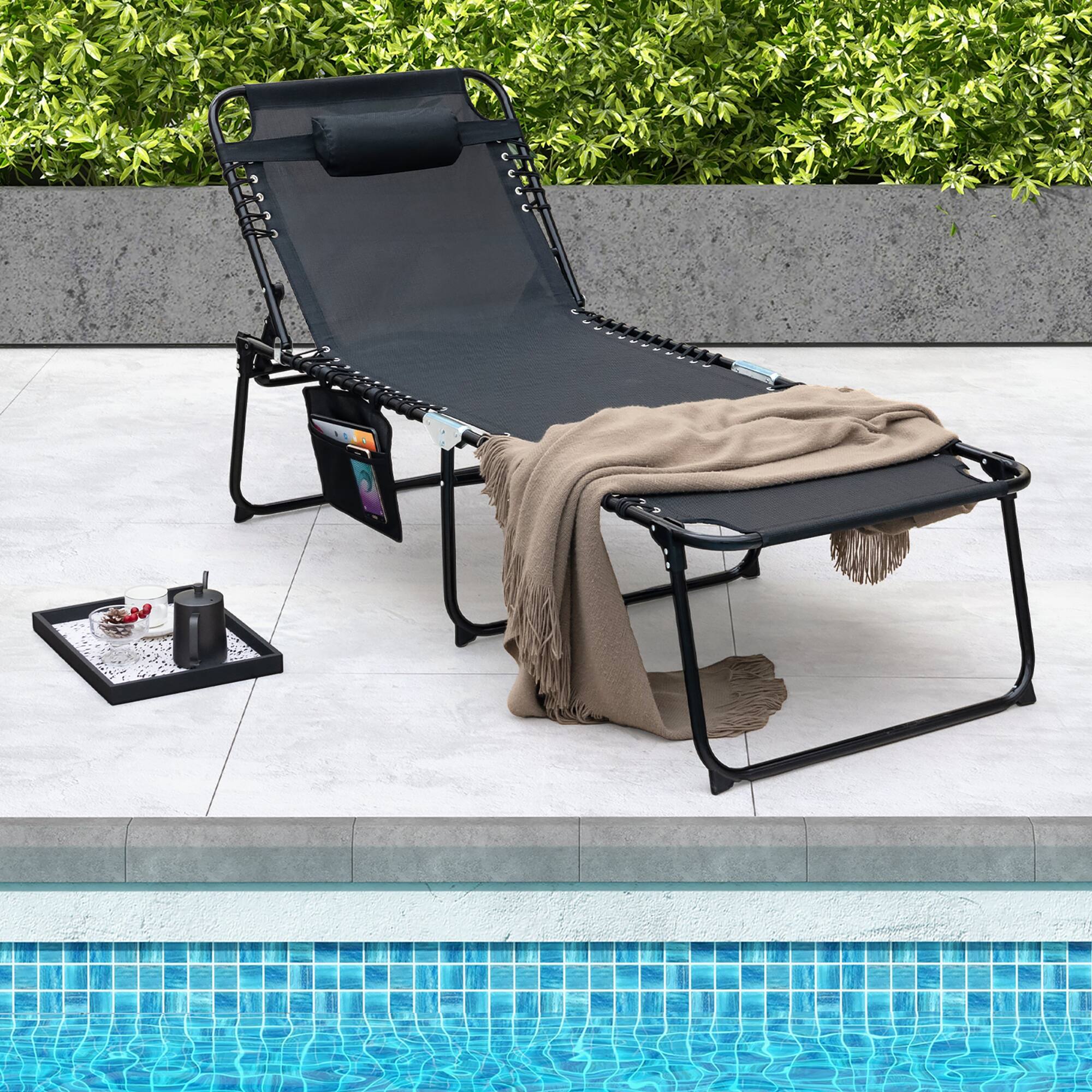 Alt View 1. Gymax - Gymax Oversize Folding Chaise Lounge Portable Sun Lounger w/ Adjustable Backrest Detachable Pillow - Black.