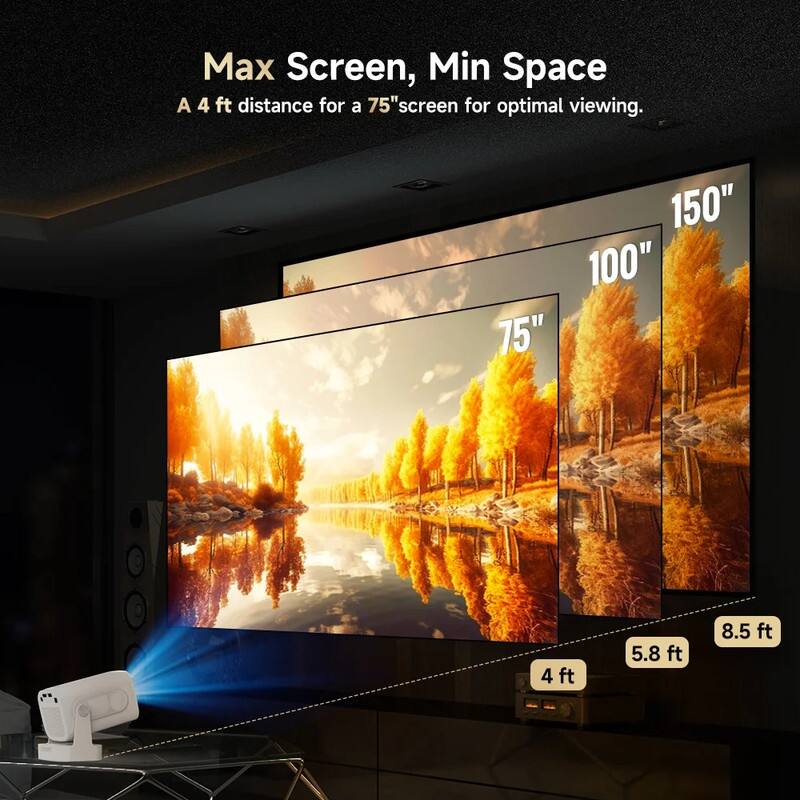 Max Screen, Min Space  
A 4 ft distance for a 75" screen for optimal viewing.  

150"  
100"  
75"  

4 ft  
5.8 ft  
8.5 ft