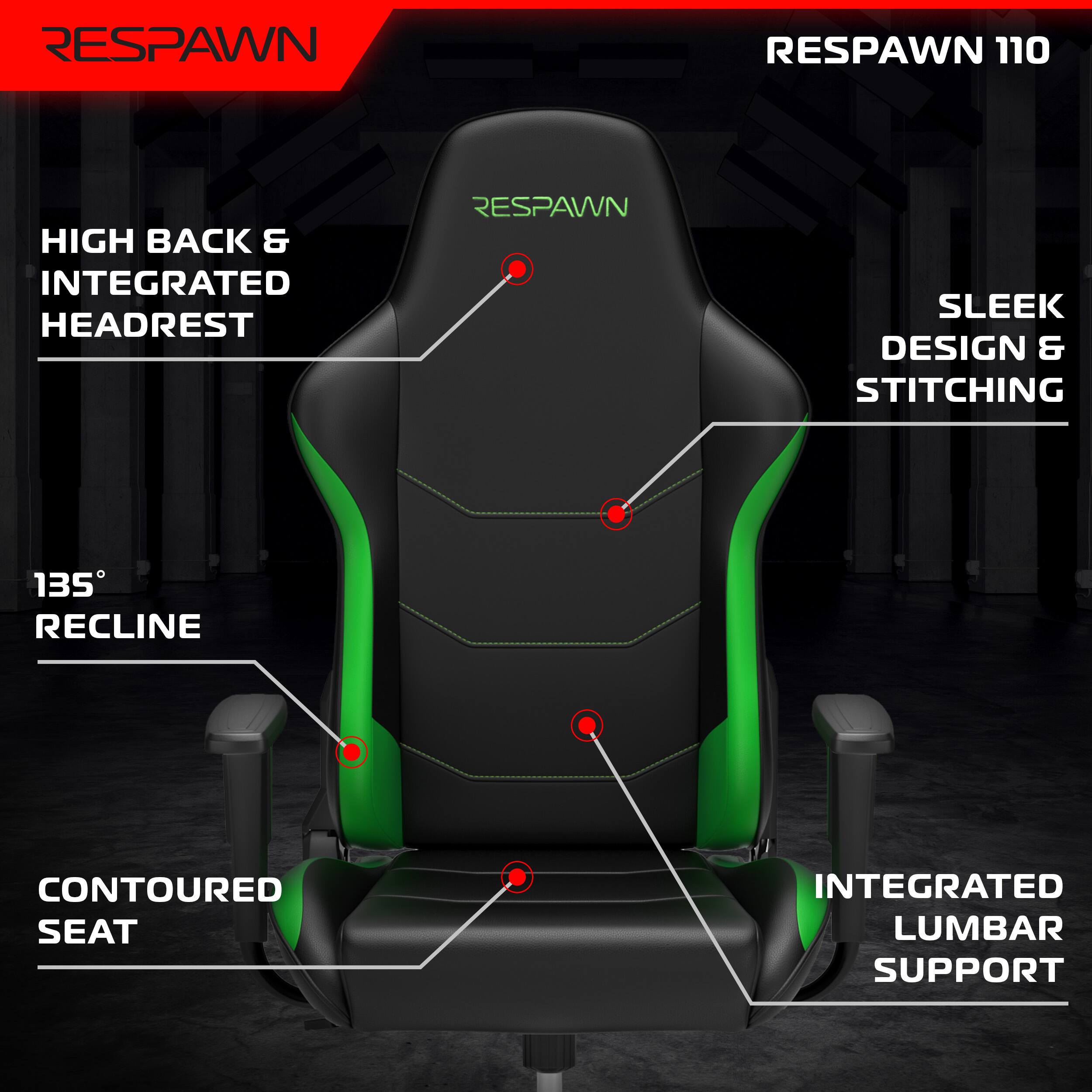 RESPAWN 110, HIGH BACK & INTEGRATED HEADREST, SLEEK DESIGN & STITCHING, 135° RECLINE, CONTOURED SEAT, INTEGRATED LUMBAR SUPPORT